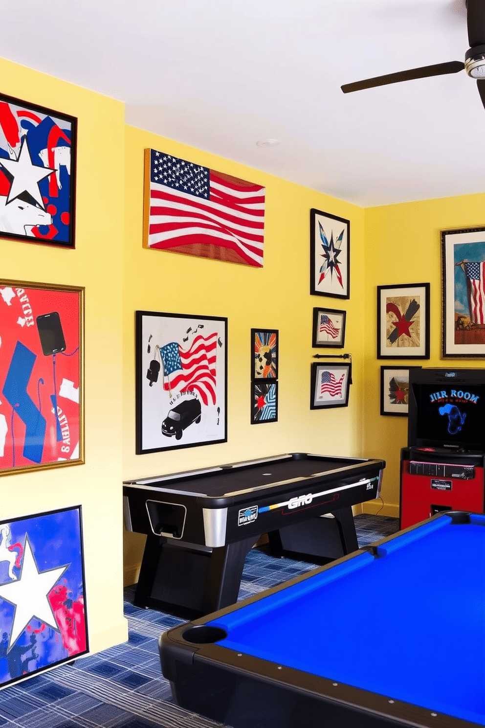 Create a vibrant game room featuring red, white, and blue themed wall art that celebrates Independence Day. The walls are adorned with a mix of abstract paintings and framed patriotic prints, creating an energetic atmosphere for gaming and relaxation.