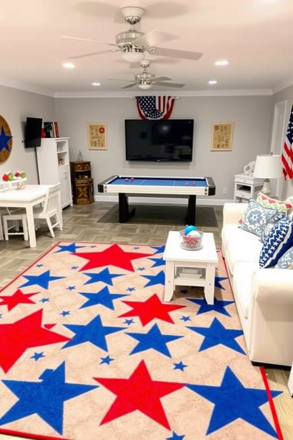 A vibrant game room decorated for Fourth of July celebrations features a large area rug with a bold red and blue star pattern. The rug is complemented by white furniture pieces, creating a festive atmosphere perfect for Independence Day gatherings.