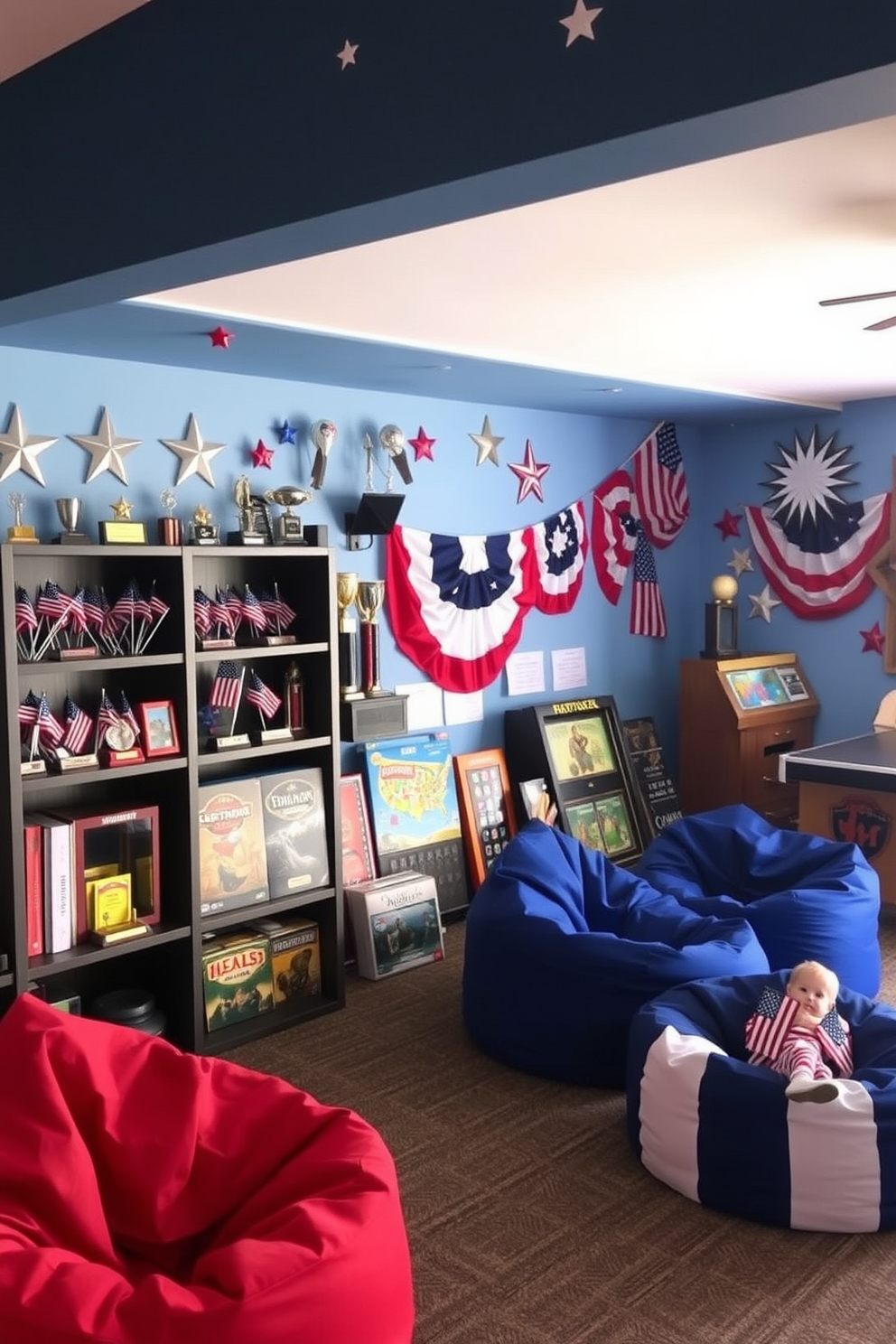 A vibrant game room filled with excitement for Independence Day. Miniature flags in red white and blue are displayed on the shelves alongside various board games and trophies. The walls are adorned with patriotic decorations featuring stars and stripes. A cozy seating area with bean bags invites friends and family to gather and enjoy the festivities.