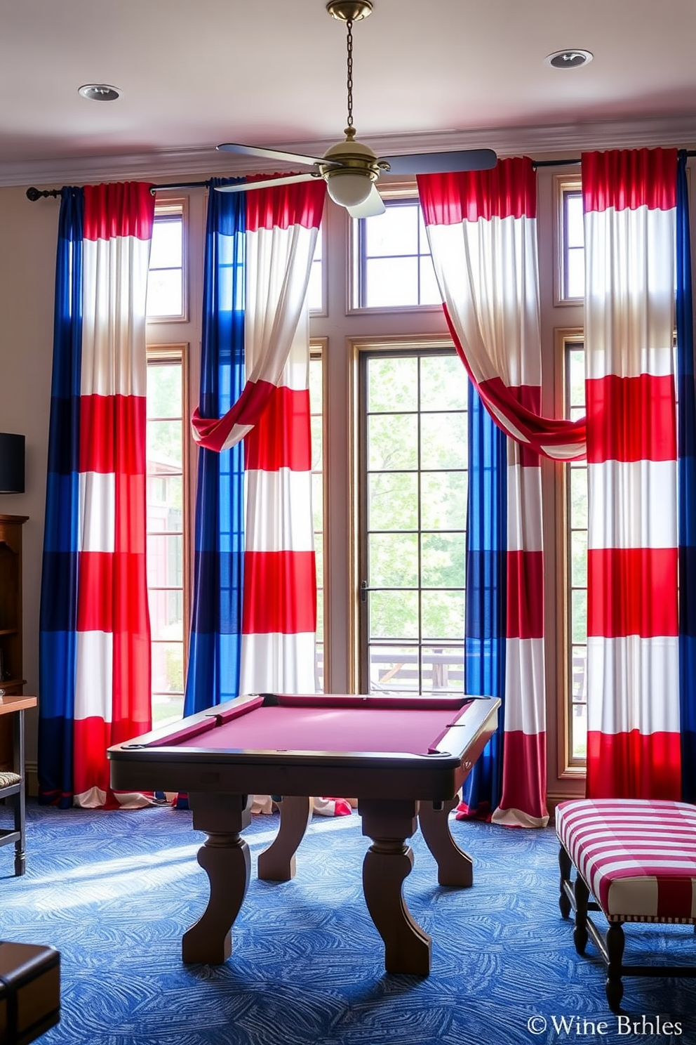 A vibrant game room featuring patriotic color block curtains in red, white, and blue. The curtains are elegantly draped over large windows, allowing natural light to filter in while adding a festive touch to the space.