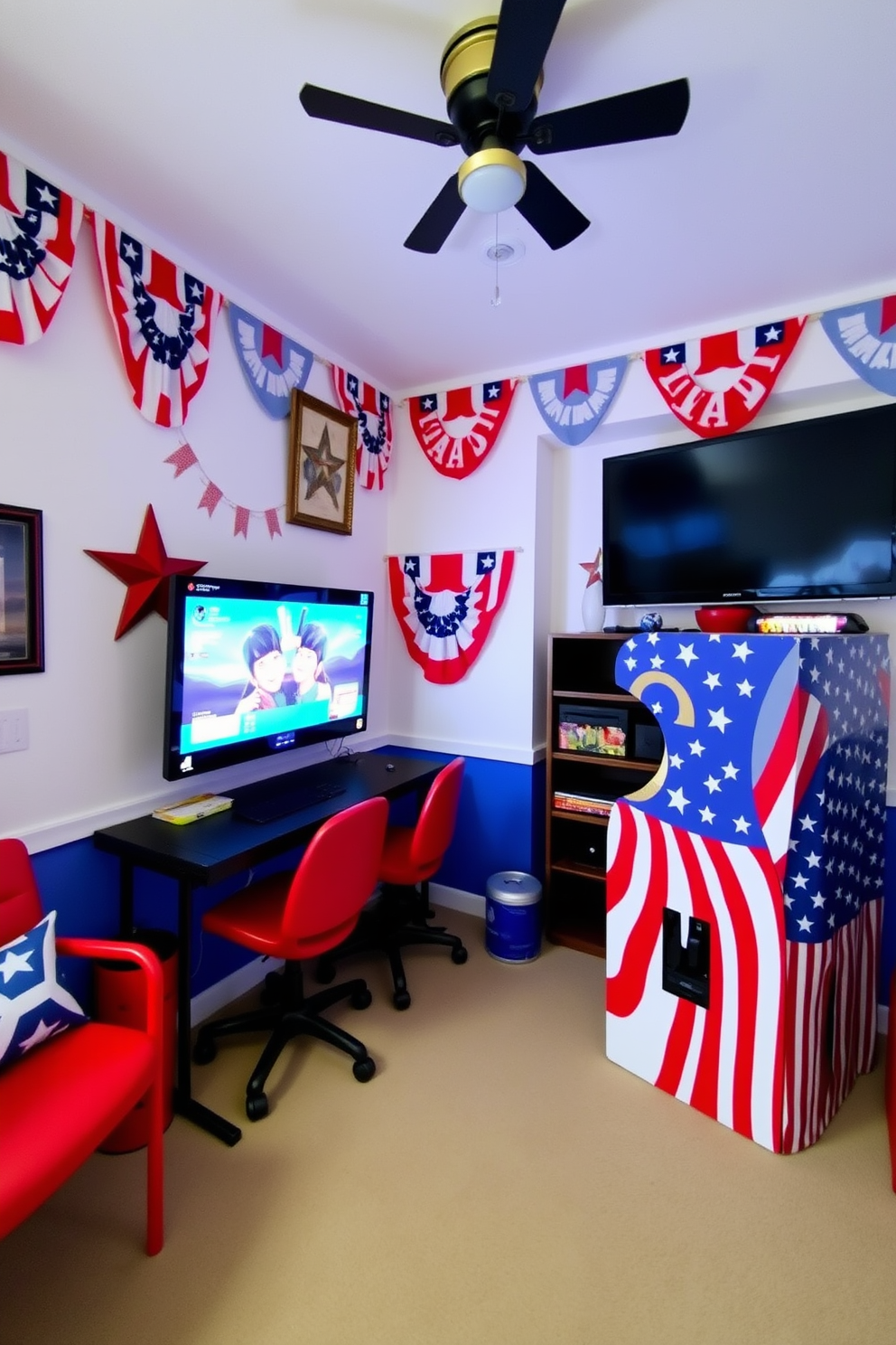 A festive game room adorned with red white and blue decor. The walls are decorated with patriotic banners and the gaming console is wrapped in a vibrant skin featuring stars and stripes.