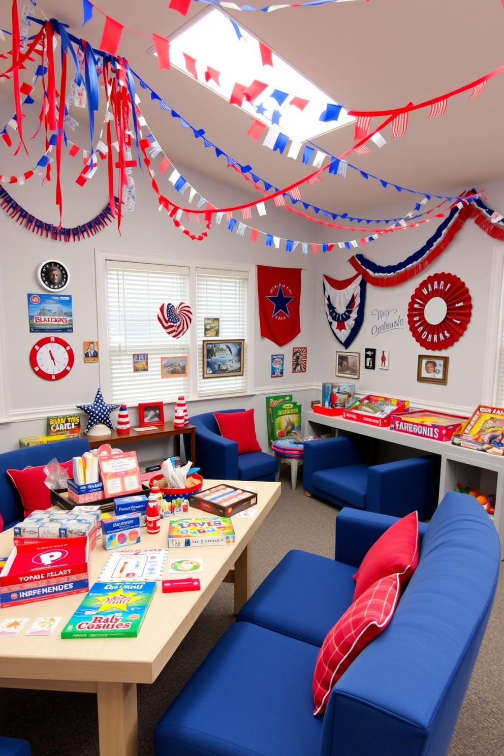 A vibrant game room showcasing an Independence Day themed board game display. The walls are adorned with red white and blue decorations while a large table is set with various patriotic board games and snacks. Colorful bunting and streamers hang from the ceiling creating a festive atmosphere. Comfortable seating in shades of blue surrounds the table inviting friends and family to enjoy a fun game night together.