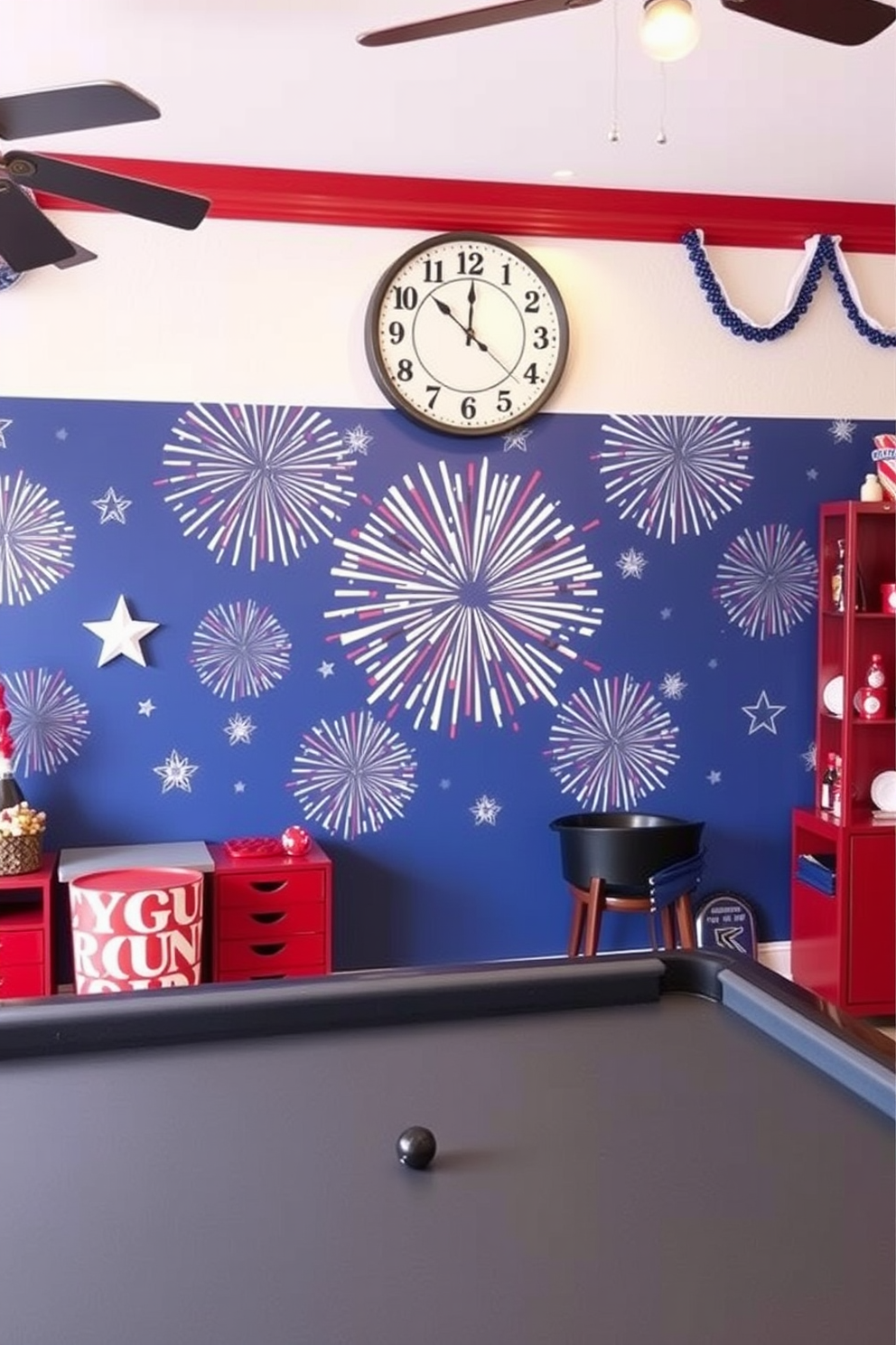 A vibrant game room featuring a firework patterned wall clock that captures the spirit of Independence Day. The walls are adorned with red, white, and blue accents, creating a festive atmosphere perfect for entertaining friends and family.