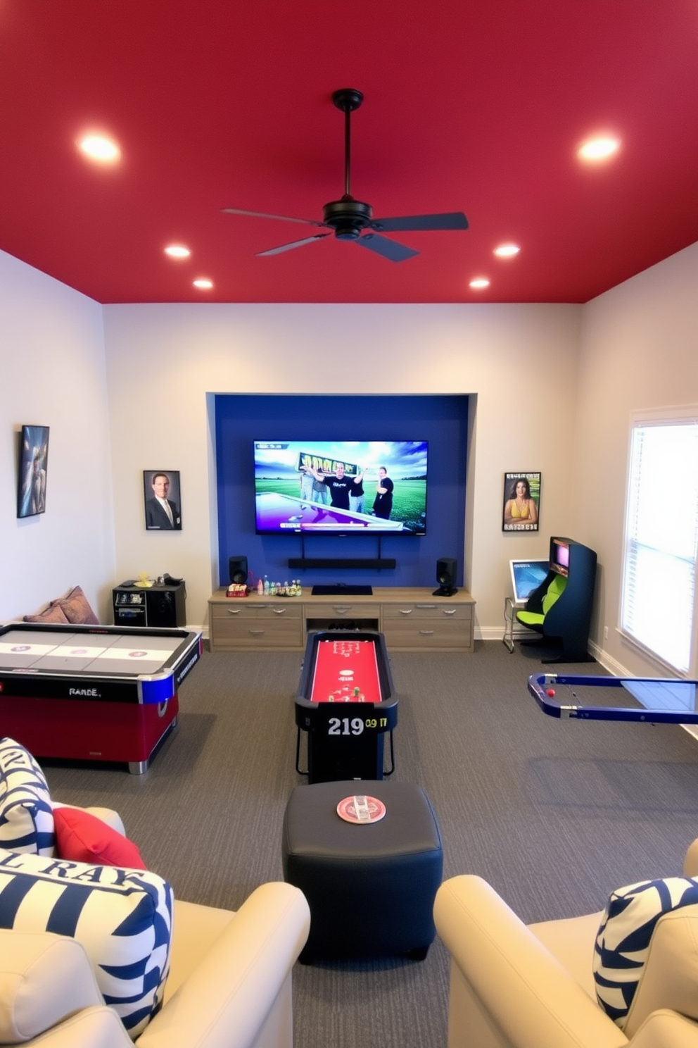 A vibrant game room features a striking accent wall painted in red, white, and blue, celebrating the spirit of Independence Day. The room is filled with comfortable seating, a large flat-screen TV, and various games that invite fun and relaxation.