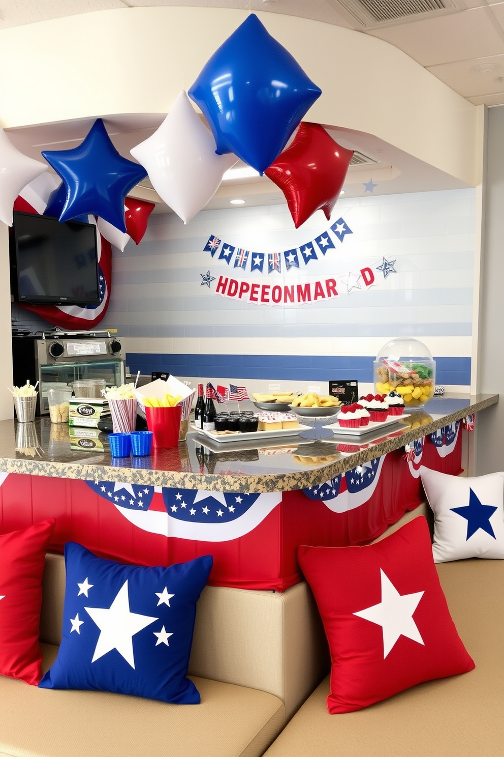 A themed snack bar celebrating Independence Day features a vibrant red, white, and blue color scheme. The bar is adorned with festive decorations such as star-shaped balloons and banners, creating a lively atmosphere for game day. The countertop is filled with an array of snacks like popcorn, chips, and patriotic-themed cupcakes. Comfortable seating with themed cushions invites guests to relax and enjoy the festivities while watching the game.