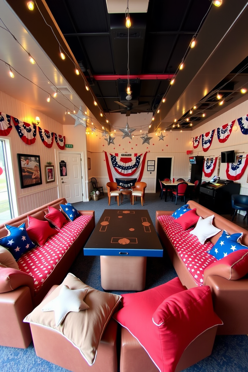 A vibrant game room designed for Independence Day celebrations. The seating features star-shaped cushions in red, white, and blue, creating a festive atmosphere. The walls are adorned with patriotic decorations, including banners and string lights. A large table in the center is set up for games, surrounded by comfortable seating options for guests.