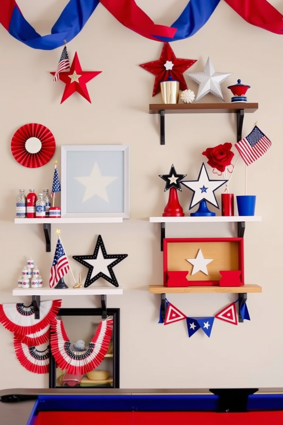 A vibrant game room decorated for the Fourth of July features wall shelves adorned with red white and blue accents. On the shelves are patriotic decorations such as miniature flags star-shaped ornaments and festive bunting that create a celebratory atmosphere.