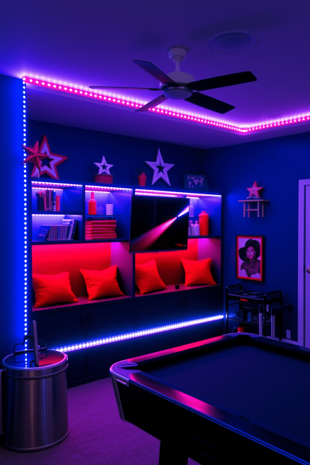 A vibrant game room adorned with patriotic LED strip lighting that outlines the shelves, creating a festive atmosphere for Independence Day celebrations. The walls are painted in a deep blue hue, complementing the red and white accents throughout the space.