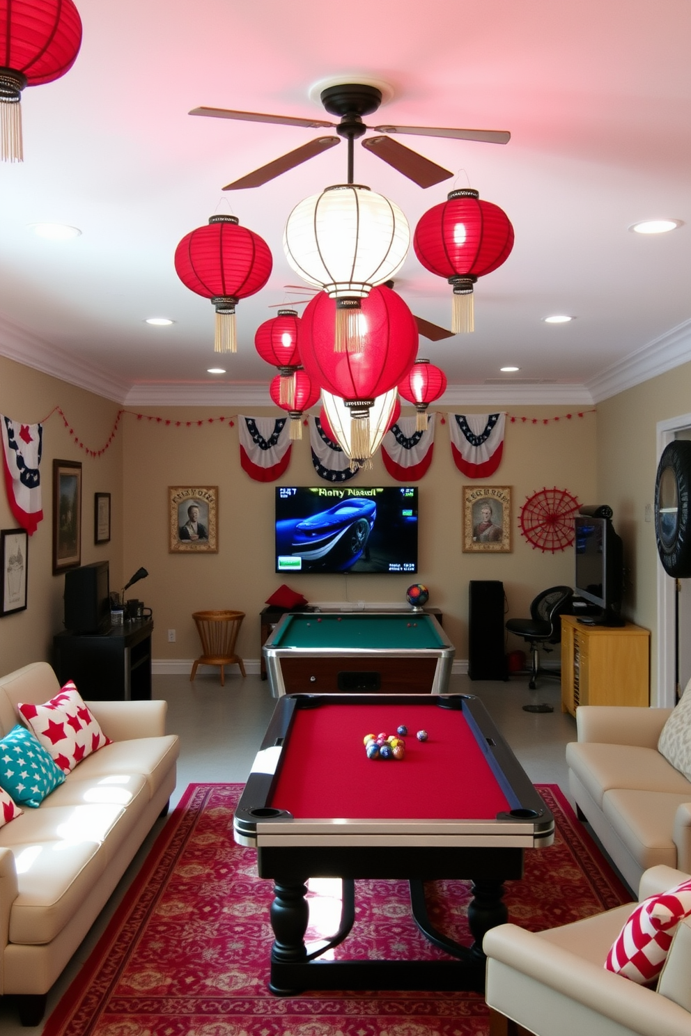 A vibrant game room decorated for Independence Day features decorative lanterns in red, white, and blue hanging from the ceiling. The walls are adorned with festive banners and the floor is covered with a cozy area rug, creating an inviting atmosphere for gatherings.