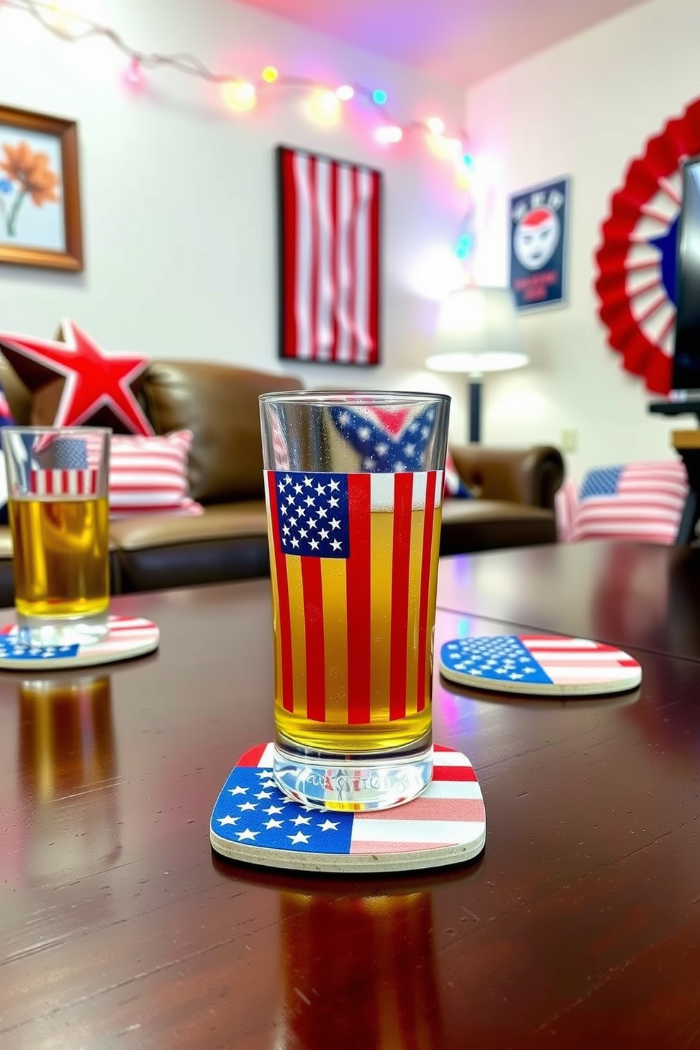 Patriotic themed coasters for drinks feature a vibrant design showcasing the American flag in bold colors. Each coaster is made from durable materials, perfect for protecting surfaces while adding a festive touch to your game room. For Independence Day, the game room is adorned with red, white, and blue accents, including themed wall art and decorative pillows. String lights in patriotic colors create a warm and inviting atmosphere for gatherings and celebrations.