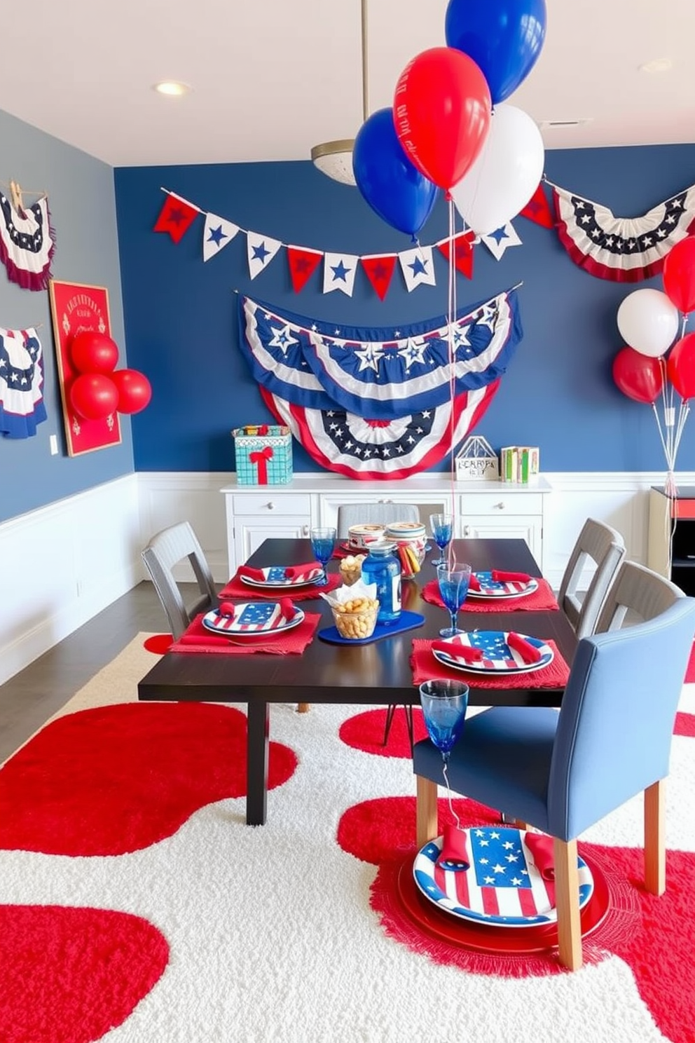 Independence Day themed tableware. The table is set with red white and blue plates featuring stars and stripes designs complemented by matching napkins and glassware. Independence Day Game Room Decorating Ideas. The walls are adorned with festive banners and balloons while a large red white and blue rug anchors the space creating a vibrant atmosphere for games and gatherings.