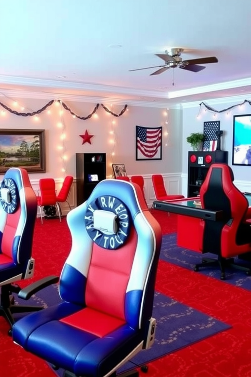 A vibrant game room decorated for Independence Day features red white and blue gaming chair covers that add a festive touch. The walls are adorned with patriotic artwork and string lights, creating an inviting atmosphere for friends and family to gather and celebrate.