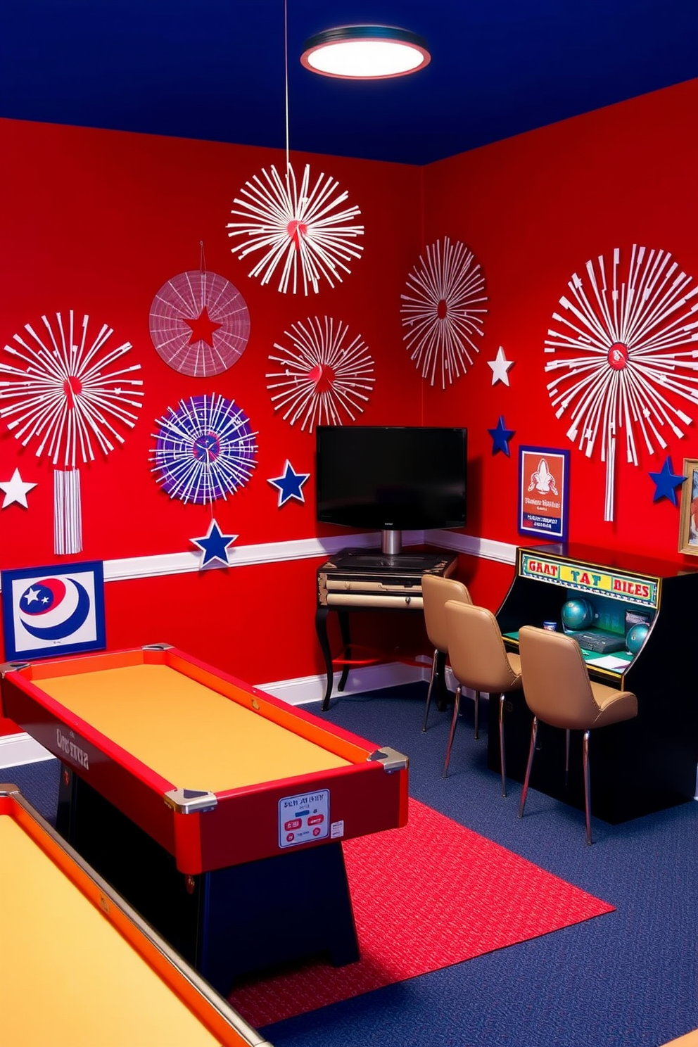 A vibrant game room adorned with firecracker inspired wall hangings that celebrate Independence Day. The walls are painted in a bold red hue, and the decor features playful star and stripe patterns that evoke a festive atmosphere.