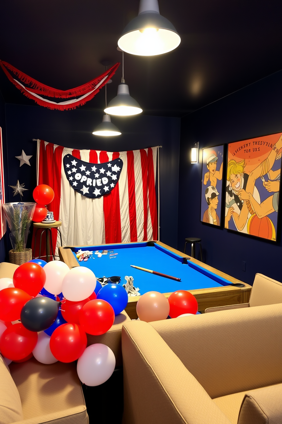 A festive photo booth corner for guests celebrating Independence Day. The backdrop features red white and blue bunting with star decorations and a large American flag. In front of the backdrop is a rustic wooden table adorned with patriotic props like hats sunglasses and sparklers. Colorful balloons in red white and blue cluster around the booth creating a cheerful atmosphere. A game room designed for entertainment and relaxation. The space includes a pool table with a sleek modern design and comfortable seating arranged for socializing. Walls are painted in a deep navy blue complemented by vibrant artwork depicting classic games. Soft lighting fixtures create a warm inviting ambiance perfect for gatherings.