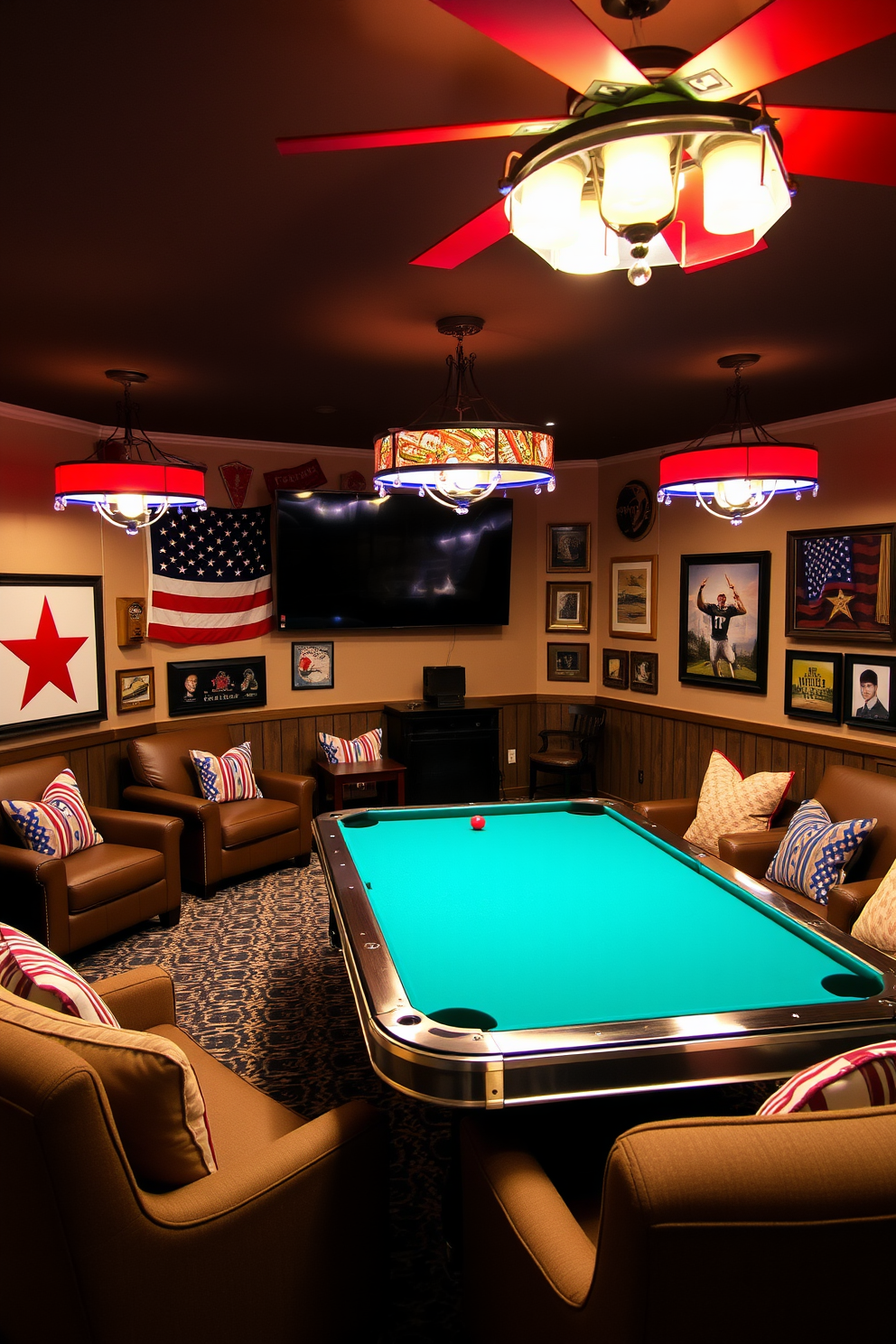 A game room designed for Independence Day features patriotic themed light fixtures that illuminate the space with a warm glow. The fixtures are adorned with red white and blue elements creating a festive atmosphere perfect for celebrating the holiday. The walls are decorated with vintage American flags and framed sports memorabilia adding a touch of nostalgia. Comfortable seating is arranged around a central game table where friends and family can gather to enjoy games and celebrate together.