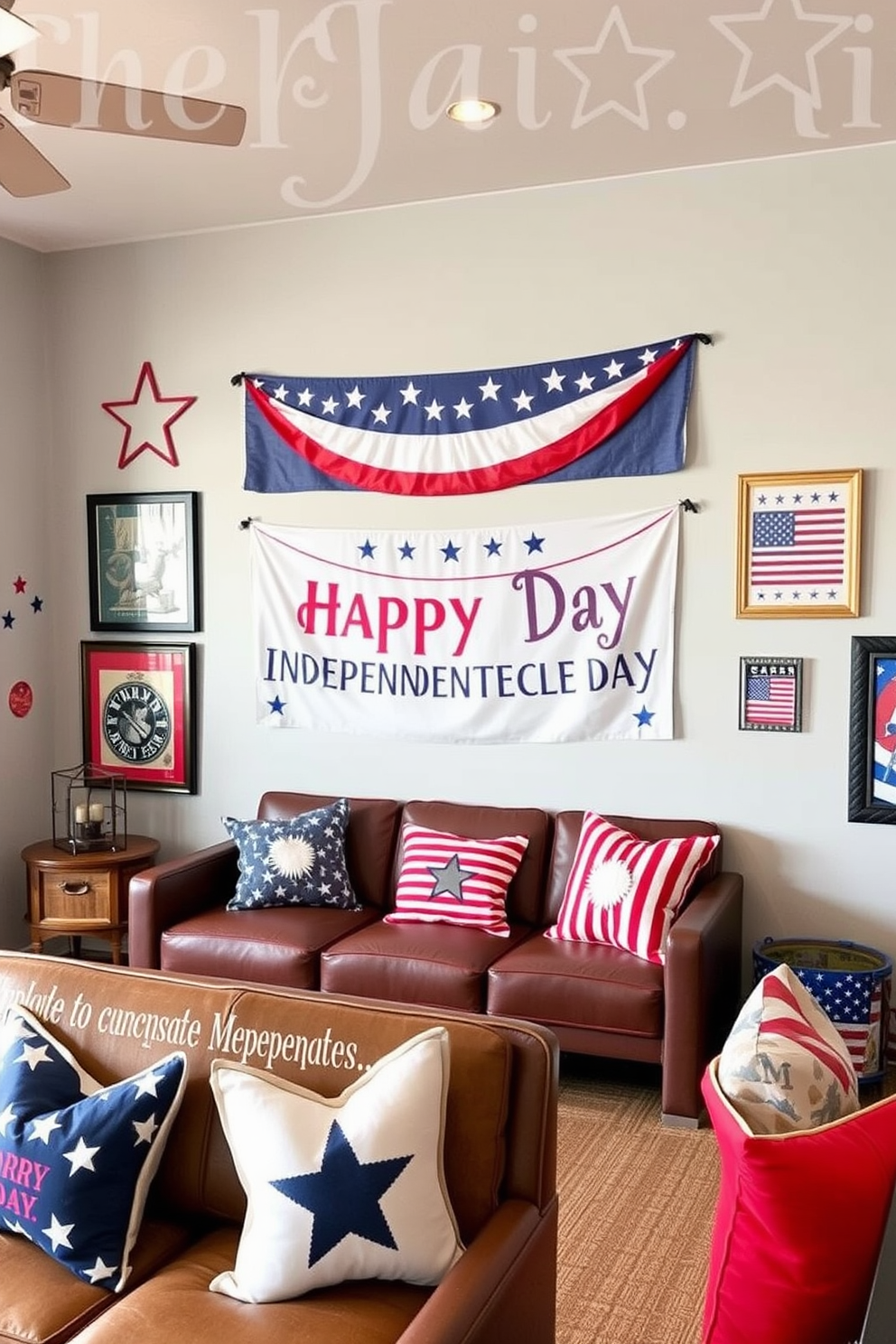 Independence Day themed art prints. The walls are adorned with vibrant red white and blue art pieces featuring stars and stripes along with iconic symbols of freedom. Independence Day Game Room Decorating Ideas. The game room is filled with festive decorations including a large banner that reads Happy Independence Day and themed cushions in patriotic colors on the seating.