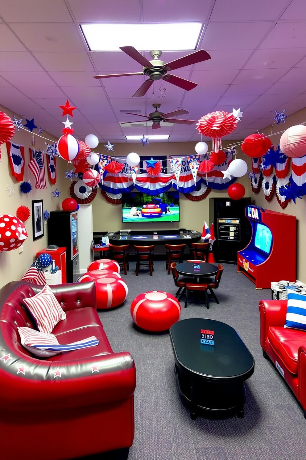 A vibrant game room decorated for Independence Day features red white and blue inflatable decorations scattered throughout the space. The walls are adorned with patriotic banners and the furniture is arranged to encourage socializing and fun activities.