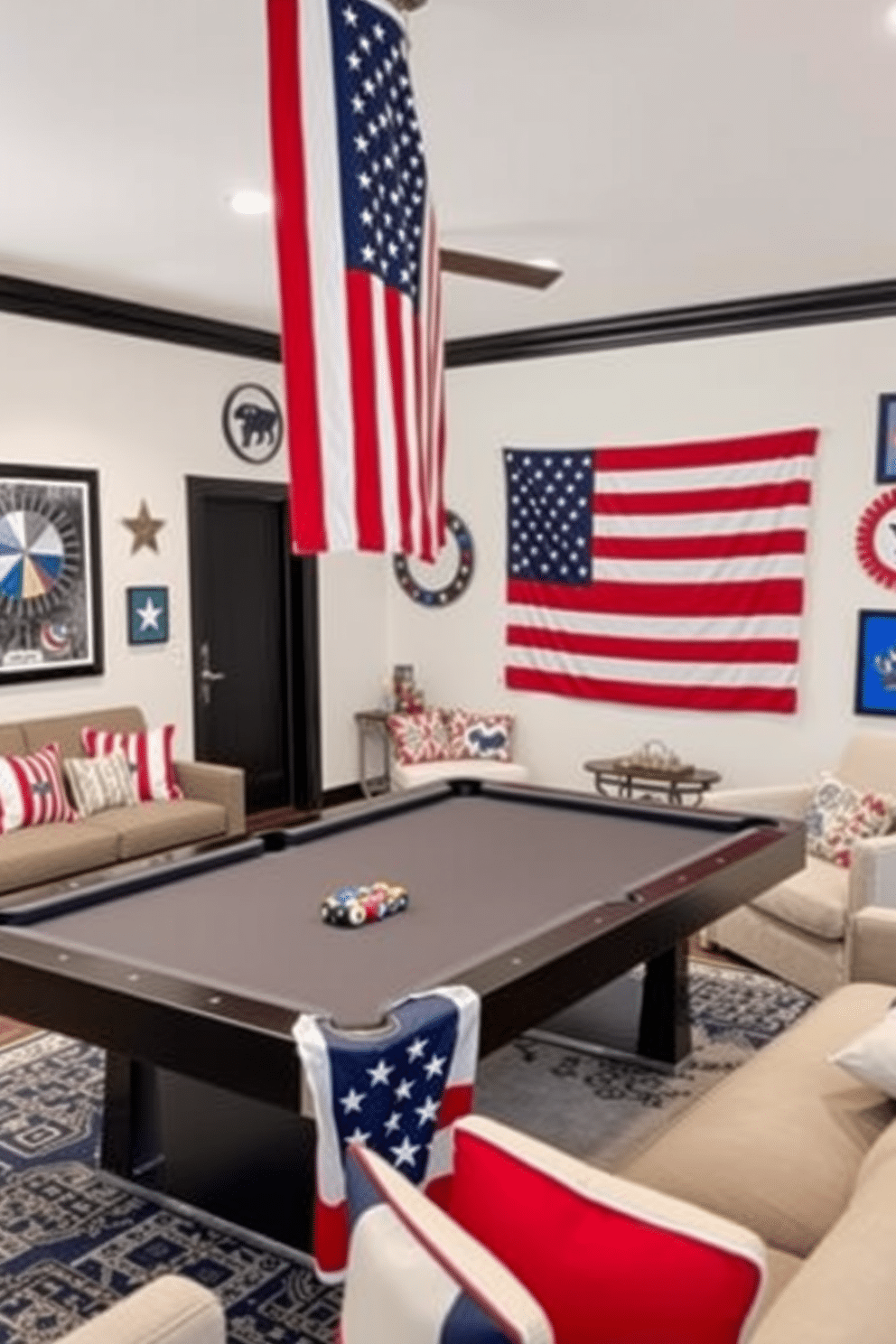 A festive game room decorated for Independence Day features a star spangled banner draped elegantly over a sleek pool table. Red, white, and blue accents are incorporated throughout the space, including cushions and wall art that celebrate the holiday. The walls are adorned with patriotic decorations, while a large American flag serves as a focal point. Comfortable seating arrangements invite guests to enjoy games and festivities in a vibrant atmosphere.