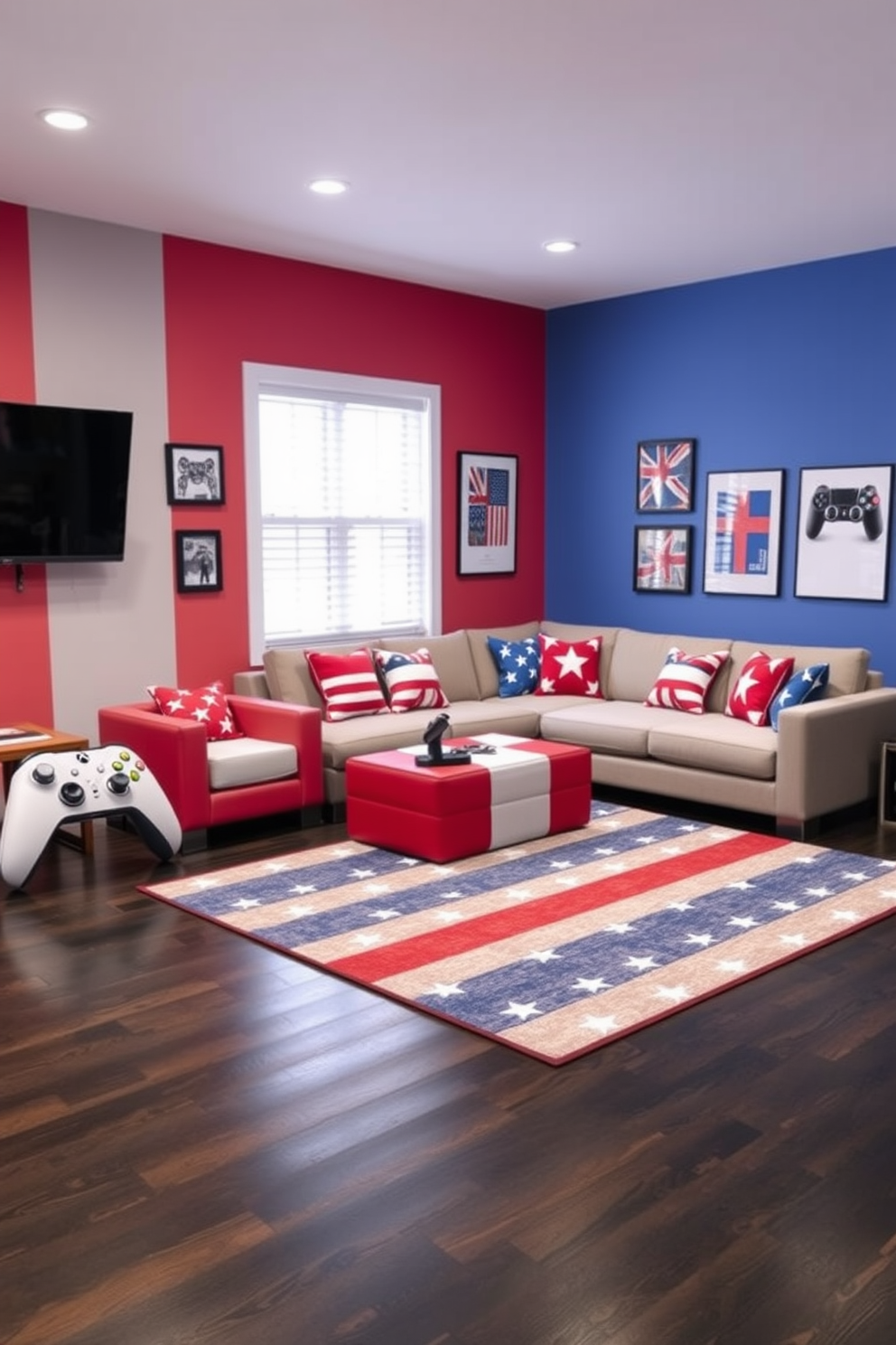 A vibrant game room featuring custom game controller skins in red white and blue. The walls are adorned with patriotic artwork and the furniture includes a comfortable sectional sofa with themed throw pillows. The flooring is a sleek dark wood that contrasts with the bright colors of the decor. A large area rug with stars and stripes anchors the seating area, creating a festive atmosphere for Independence Day celebrations.