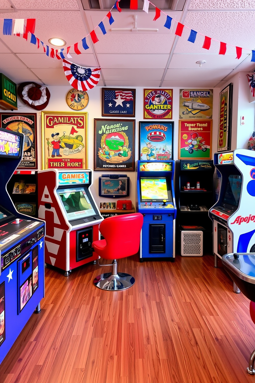 A vibrant game room decorated for Independence Day features vintage game posters in red, white, and blue. The walls are adorned with classic gaming memorabilia, creating a nostalgic atmosphere filled with excitement and patriotic spirit.