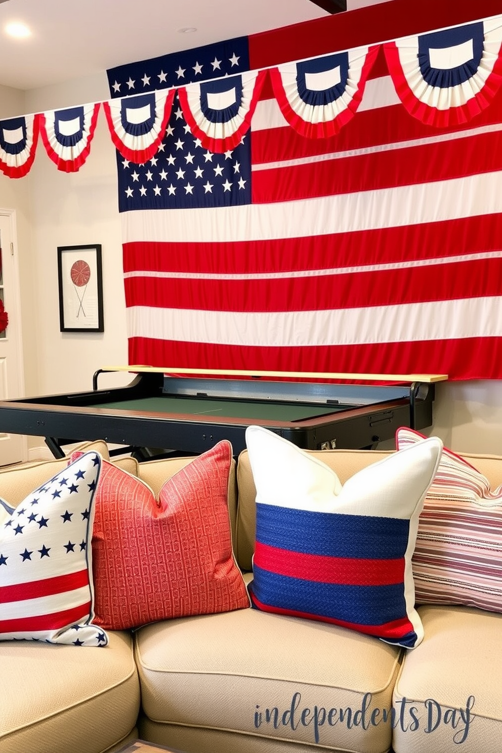 Independence Day themed throw pillows. The pillows feature a mix of red white and blue colors with stars and stripes patterns creating a festive atmosphere. Independence Day Game Room Decorating Ideas. The game room is adorned with patriotic banners and a large American flag as a backdrop for a fun and celebratory vibe.