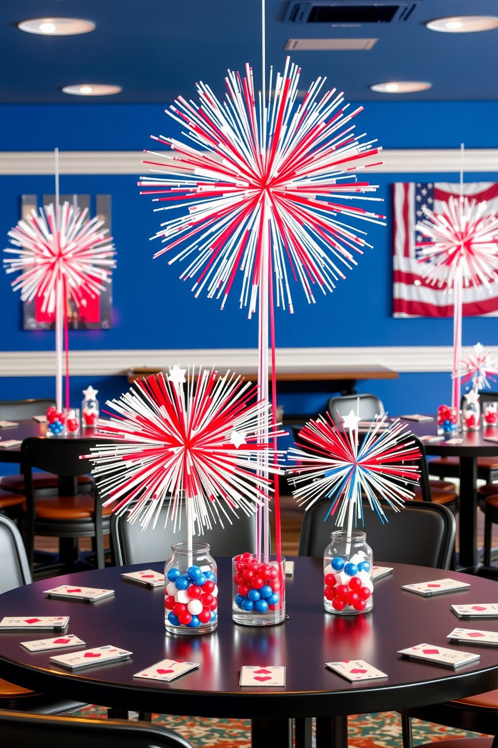 A vibrant game room decorated for Independence Day features table centerpieces inspired by fireworks. Each centerpiece is a burst of color with red white and blue elements arranged in dynamic patterns to capture the festive spirit.