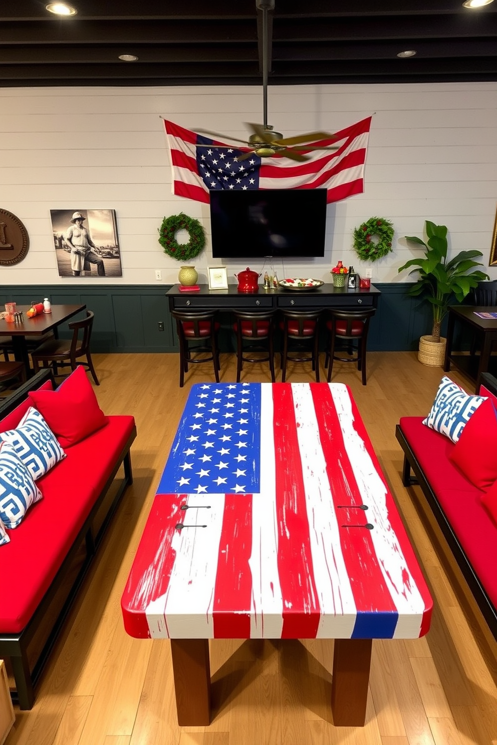 A vibrant game room featuring a game table painted with the American flag, embodying the spirit of Independence Day. Surrounding the table are comfortable seating options in red and blue tones, with festive decorations that celebrate the holiday.