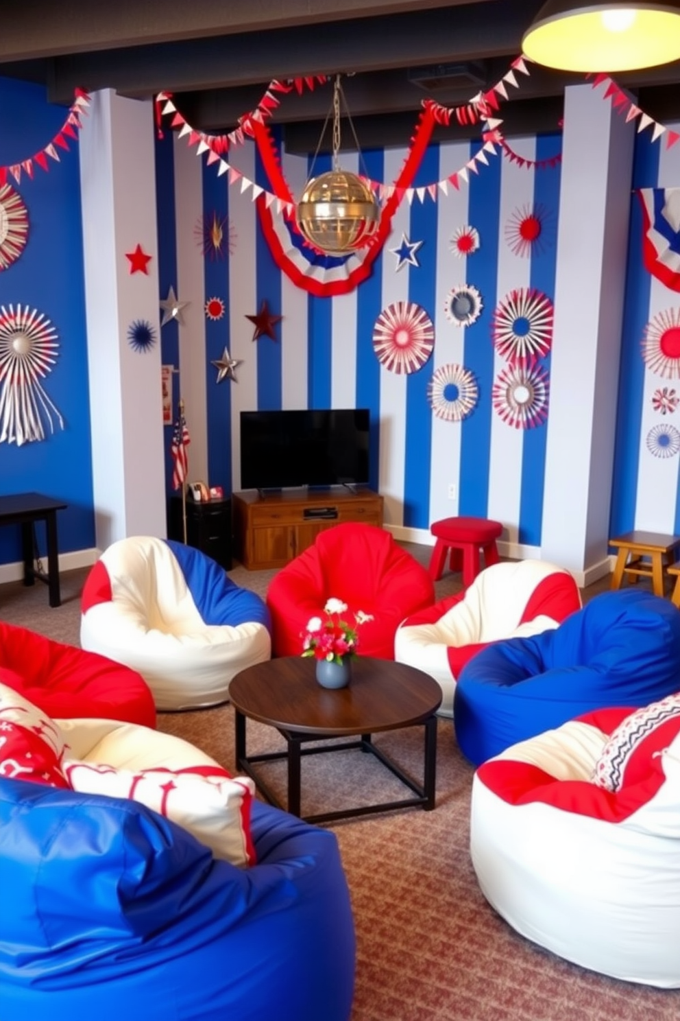 A vibrant game room features red, white, and blue bean bag chairs arranged around a low coffee table. The walls are adorned with festive decorations celebrating Independence Day, creating a lively and inviting atmosphere.