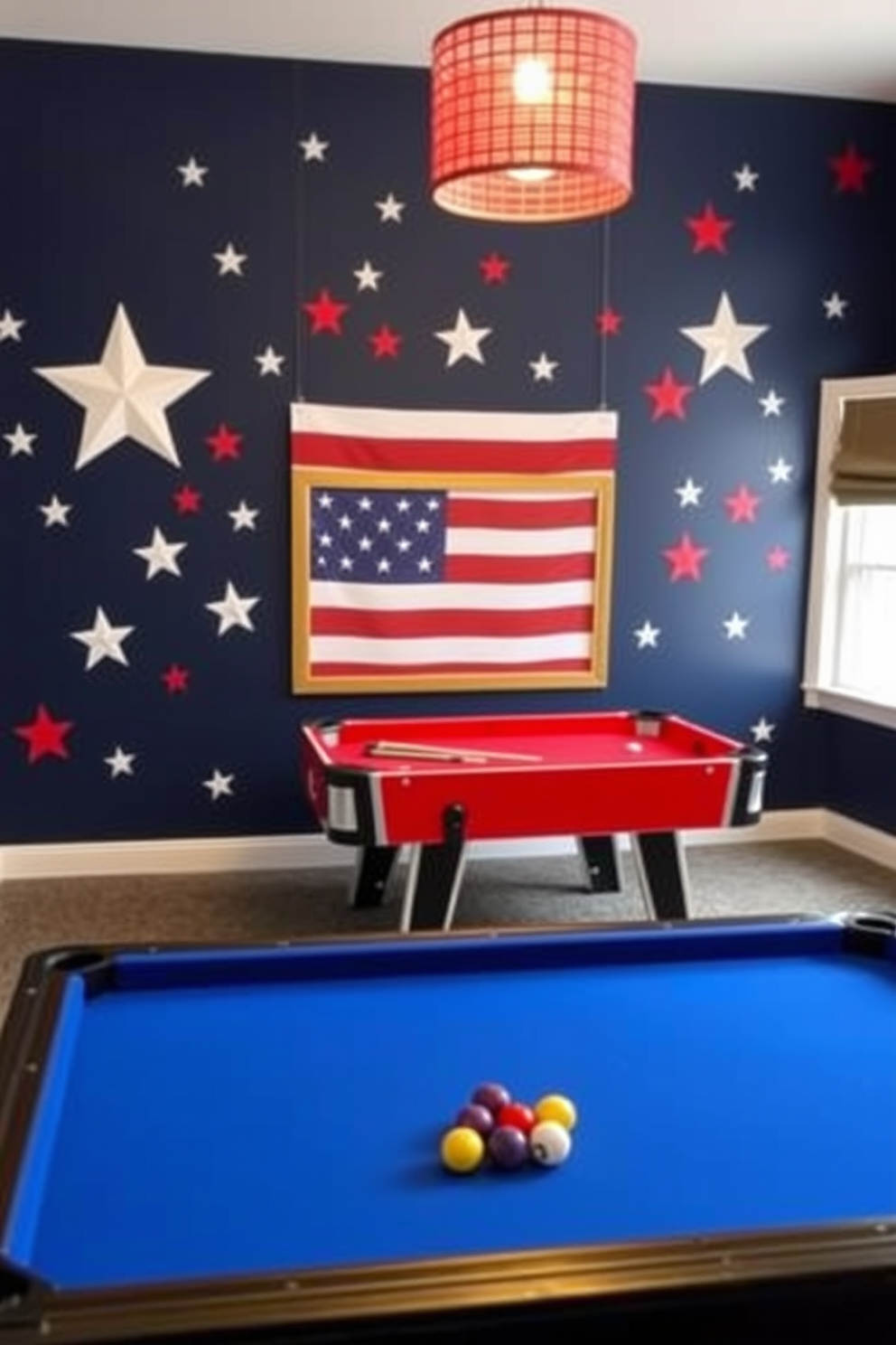 A vibrant game room adorned with stars and stripes wall decals celebrating Independence Day. The walls are painted in a deep navy blue, creating a striking backdrop for the red and white decals that enhance the festive atmosphere.