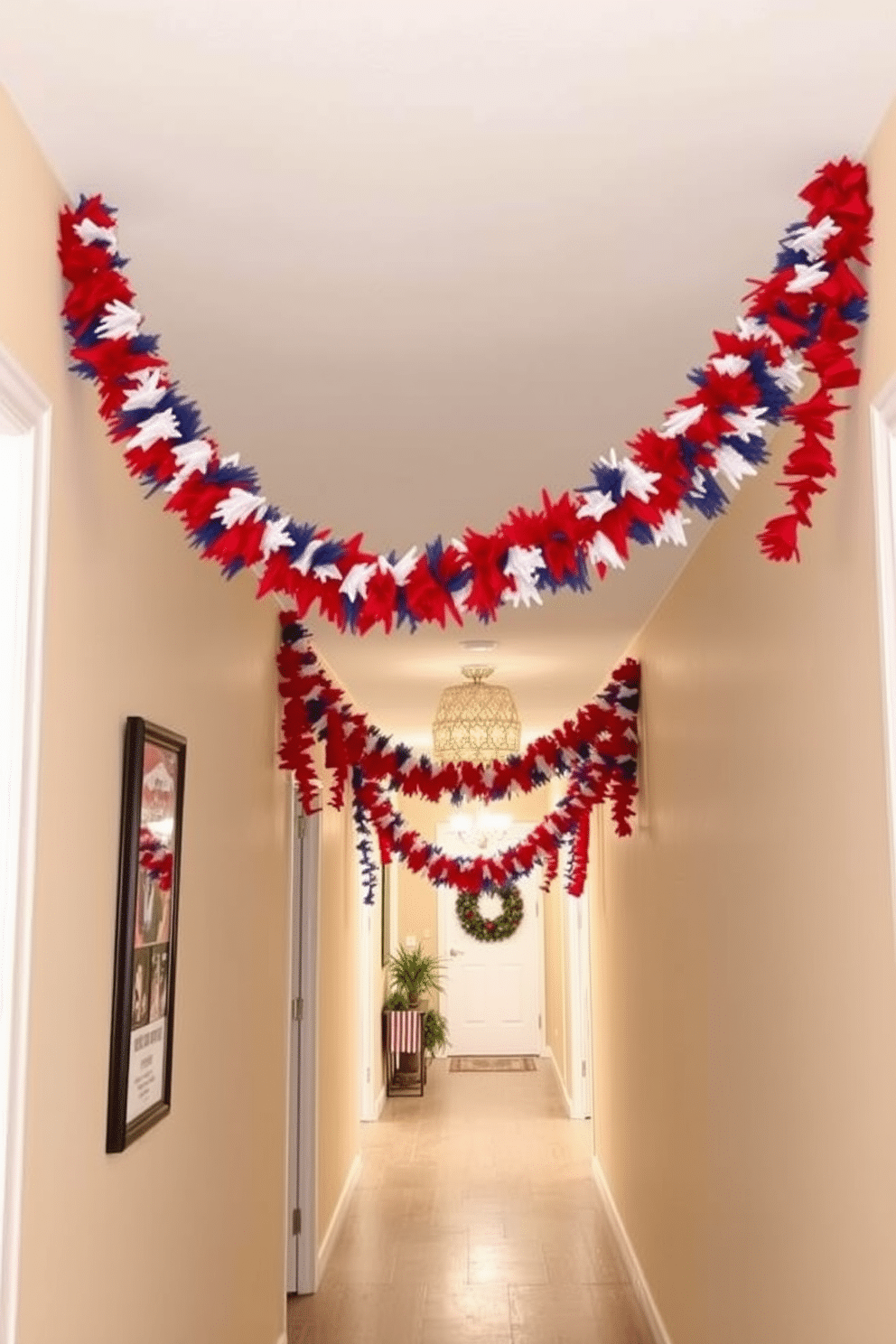 A festive hallway adorned with a red white and blue garland draped overhead. The walls are painted in a soft cream color, enhancing the patriotic theme while creating a warm and inviting atmosphere.