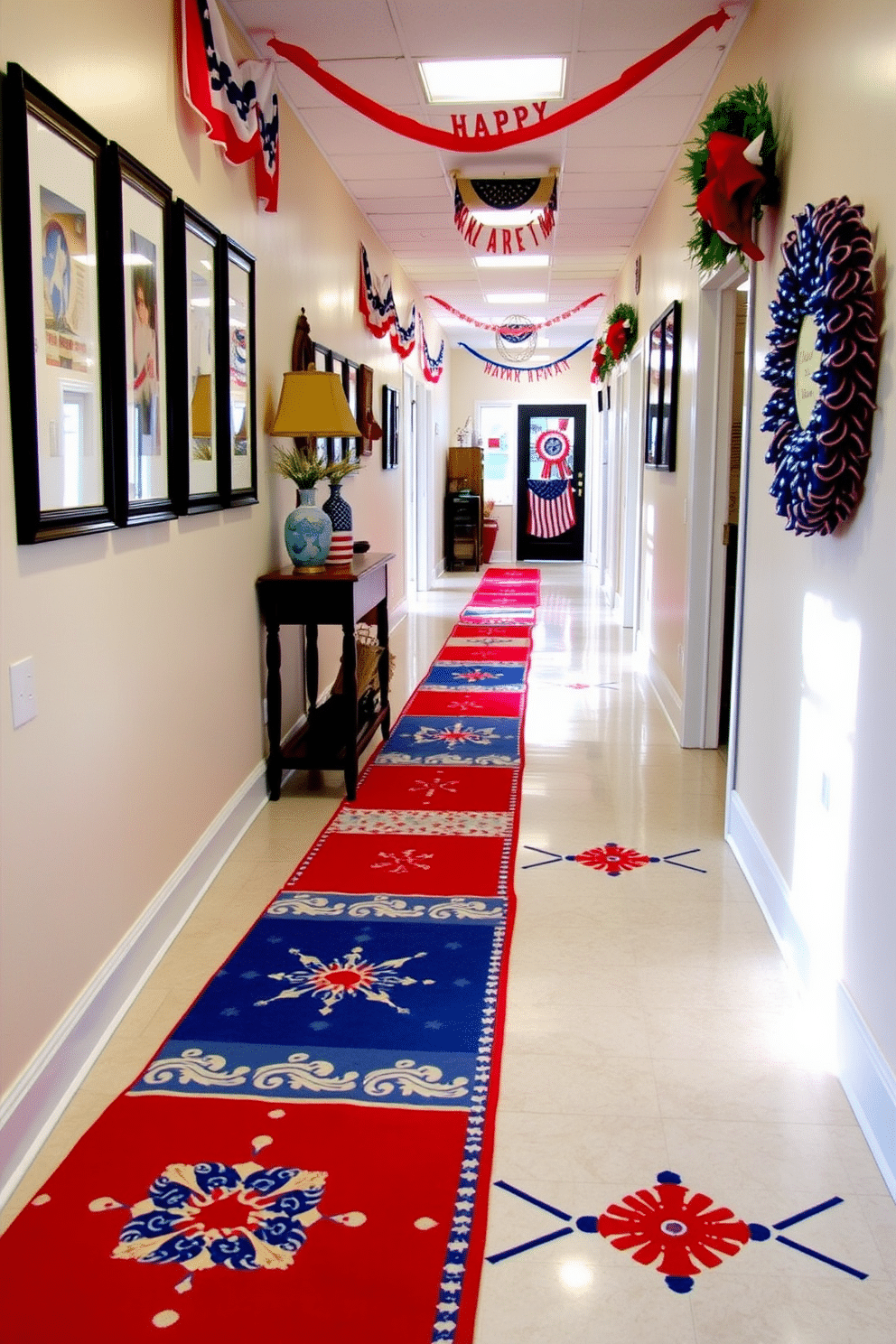 A vibrant floor runner featuring red, white, and blue patterns stretches along the hallway, celebrating the spirit of Independence Day. The runner complements the walls adorned with framed patriotic artwork and festive decorations, creating a cohesive and inviting atmosphere.