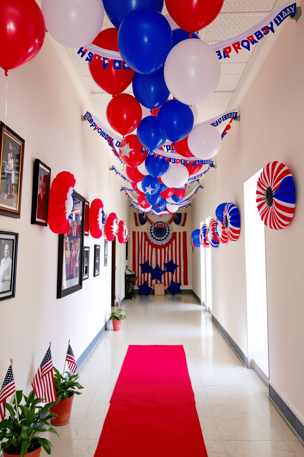 A vibrant hallway adorned with red white and blue decorations celebrating Independence Day. Banners and balloons hang from the ceiling while framed photos of past celebrations line the walls. The floor features a cheerful red runner leading to a festive display of stars and stripes. Potted plants with small American flags are placed at the entrance, welcoming guests into the spirited space.