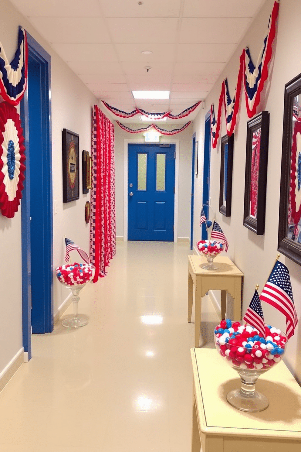 A festive hallway adorned with decorative bowls filled with red, white, and blue candies. The walls are draped with patriotic bunting, and small American flags are placed on the side tables to enhance the celebratory atmosphere.