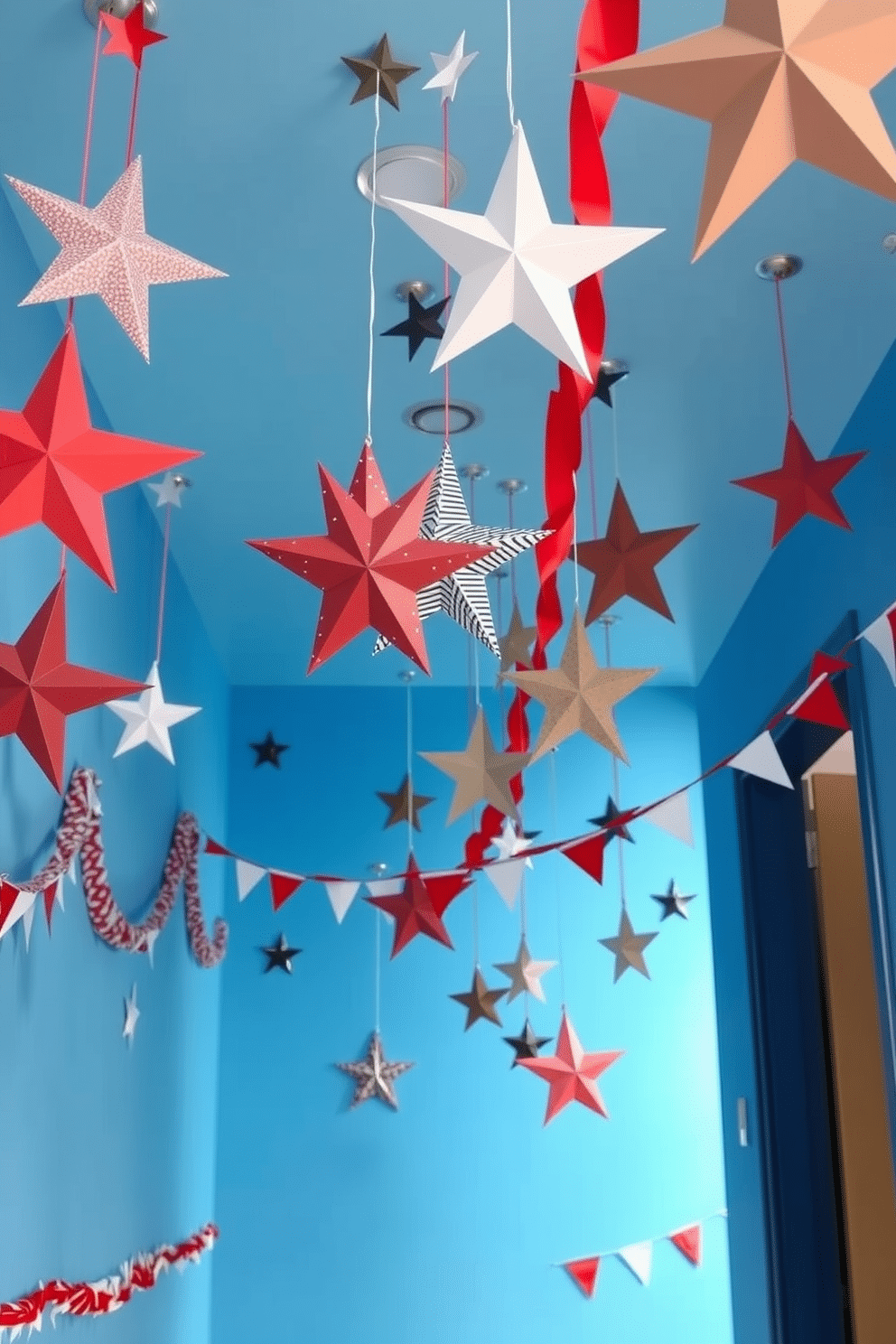 A whimsical hallway adorned with hanging stars from the ceiling creates a festive atmosphere. The stars are crafted from various materials, including paper and metal, and are suspended at different heights to add depth and movement. The walls are painted in a bright blue, reminiscent of the sky on a clear day. Red and white accents, such as garlands and small flags, enhance the Independence Day theme and bring a sense of celebration to the space.