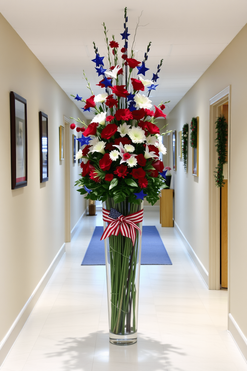 A tall floor vase adorned with red white and blue flowers stands prominently in the hallway. The vase is decorated with stars and stripes to celebrate Independence Day, adding a festive touch to the space. The hallway features subtle patriotic accents such as banners and garlands that complement the floral arrangement. Soft lighting highlights the decorations creating a warm and inviting atmosphere for the holiday.