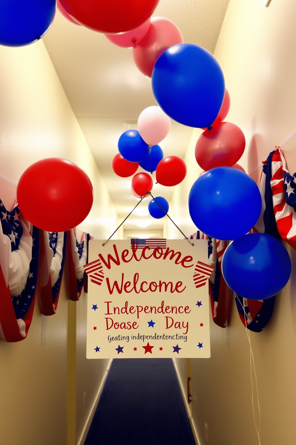 A charming welcome sign greets guests with festive Independence Day greetings. The sign features red white and blue colors adorned with stars and stripes. The hallway is decorated with patriotic bunting draped along the walls. Red white and blue balloons float near the ceiling creating a celebratory atmosphere.