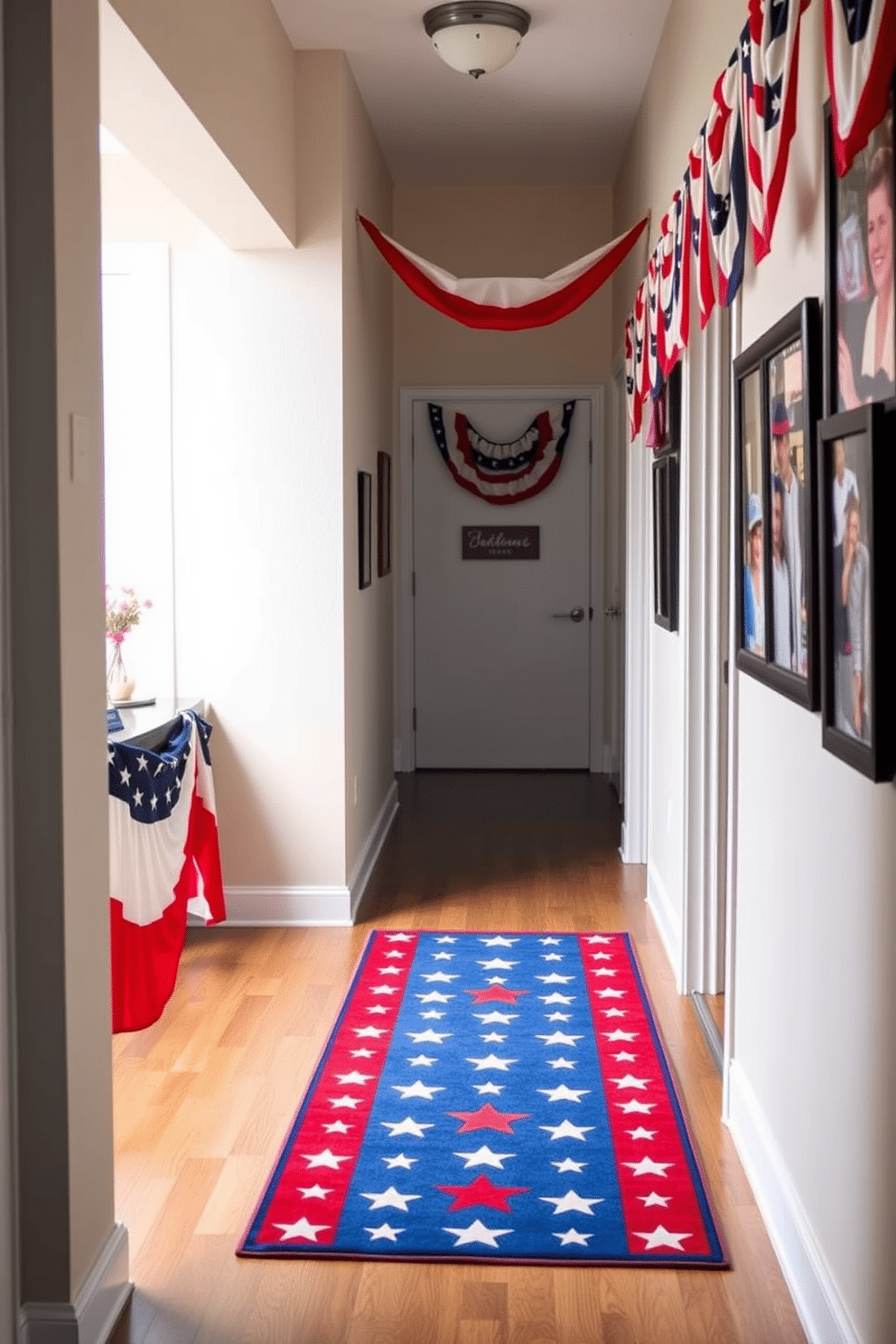 A vibrant red white and blue themed area rug is placed in the hallway, adding a festive touch to the space. The rug features a star pattern, perfectly complementing the patriotic decor that lines the walls. The hallway is adorned with red white and blue bunting draped along the walls, creating a cheerful atmosphere. Framed photographs of past Independence Day celebrations hang alongside, enhancing the theme and inviting guests to celebrate.