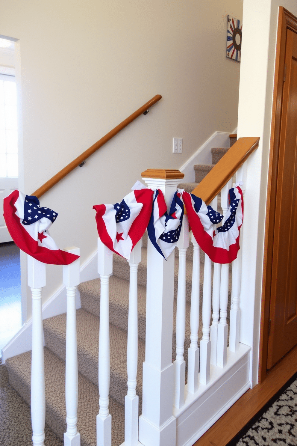 A festive hallway featuring bunting draped along the staircase railing. The bunting is adorned with red white and blue colors celebrating Independence Day.