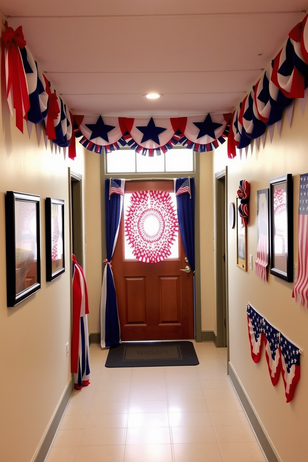 Create a festive hallway setting adorned with curtain ties in patriotic colors of red, white, and blue. The walls are decorated with themed artwork and bunting, creating a celebratory atmosphere for Independence Day.