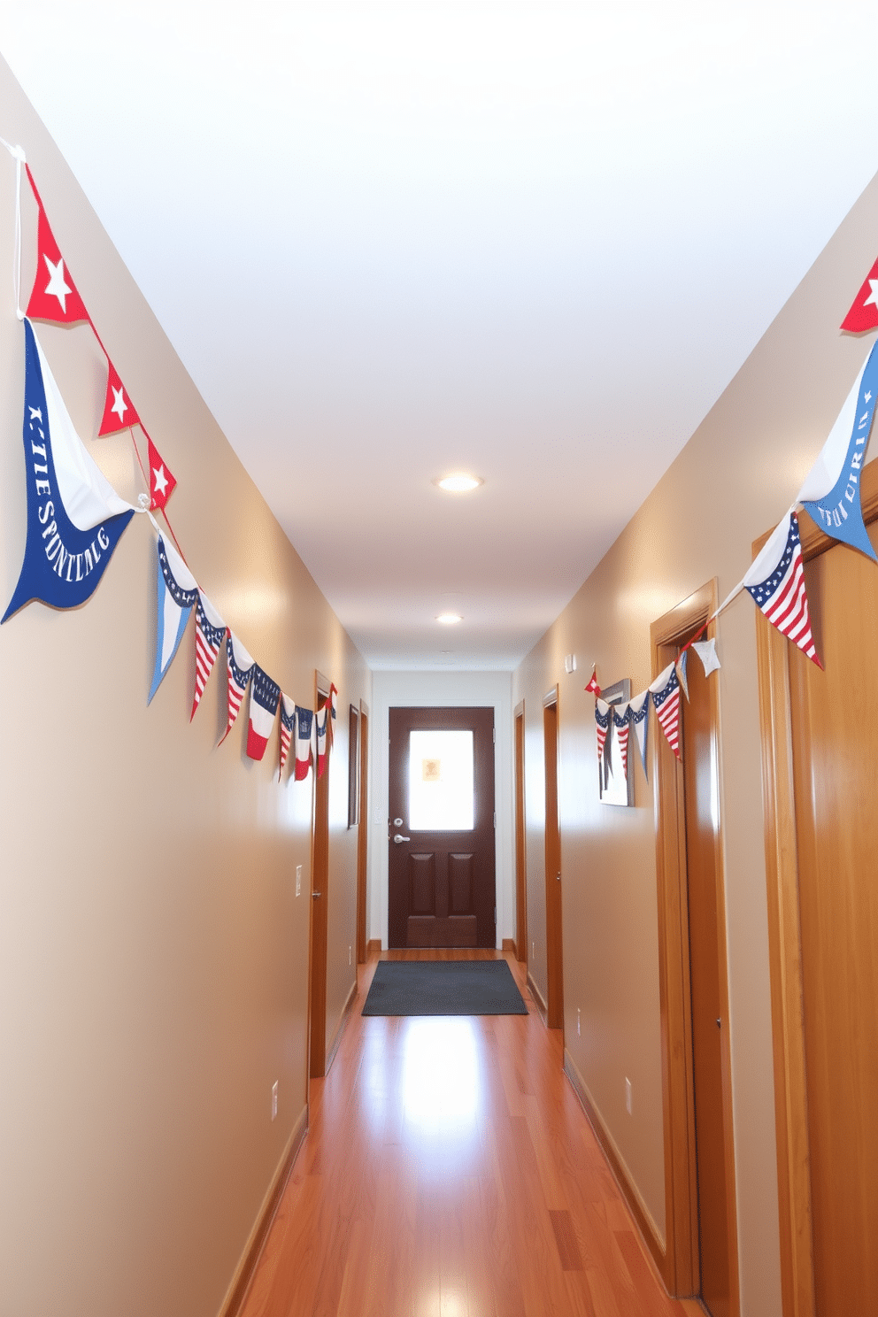 A patriotic banner stretches across the hallway wall, adorned with red white and blue colors celebrating Independence Day. The banner features stars and stripes, adding a festive touch to the space while complementing the warm wood tones of the hallway.