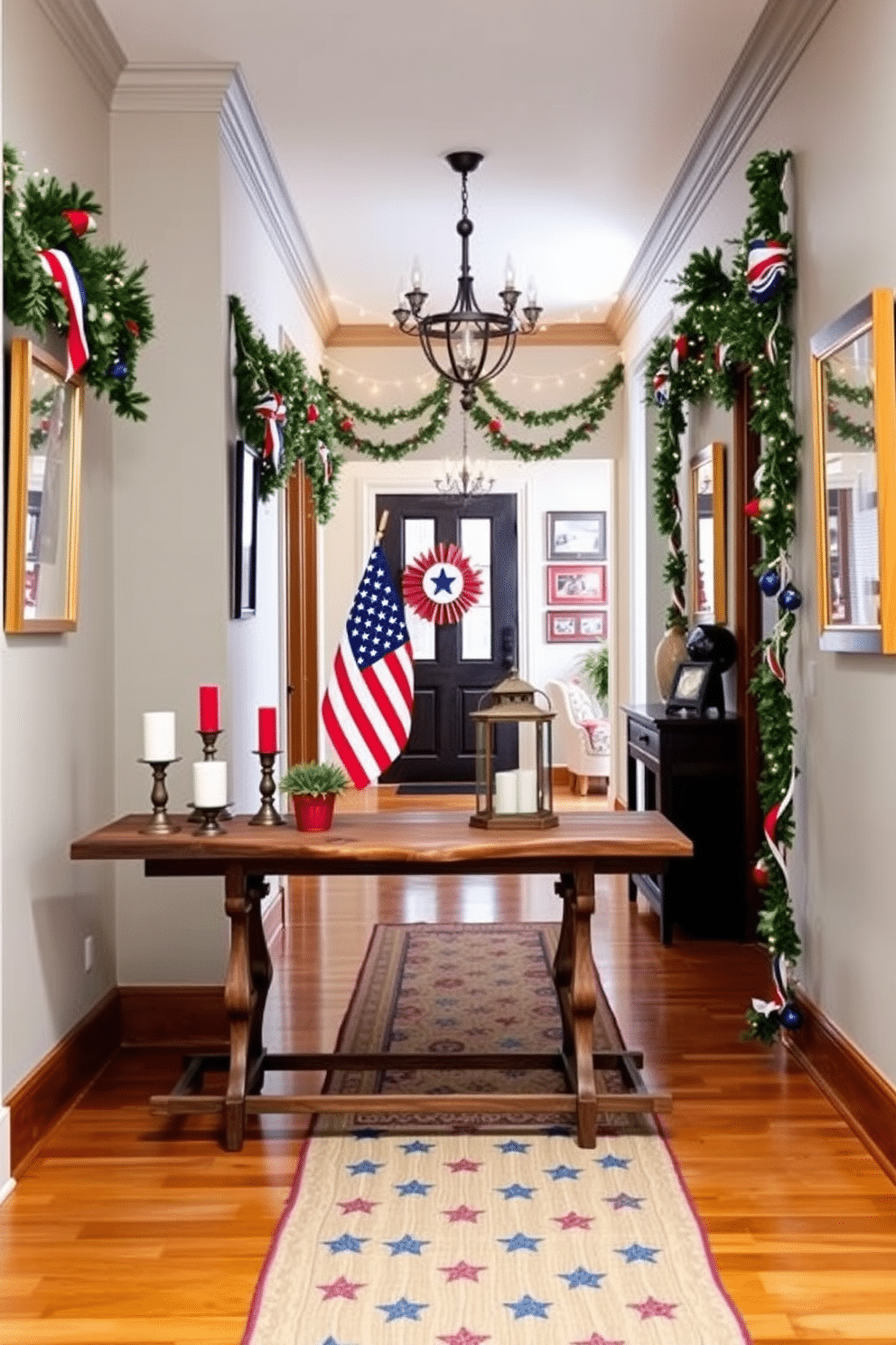 An elegant entryway table is adorned with a collection of themed items celebrating Independence Day. The table features a rustic wooden surface, with a small potted flag, red white and blue candles, and a vintage lantern creating a warm and inviting atmosphere. The hallway is decorated with festive garlands and framed patriotic artwork. Strands of twinkling lights accentuate the space, while a runner in stars and stripes leads guests toward the main living area.