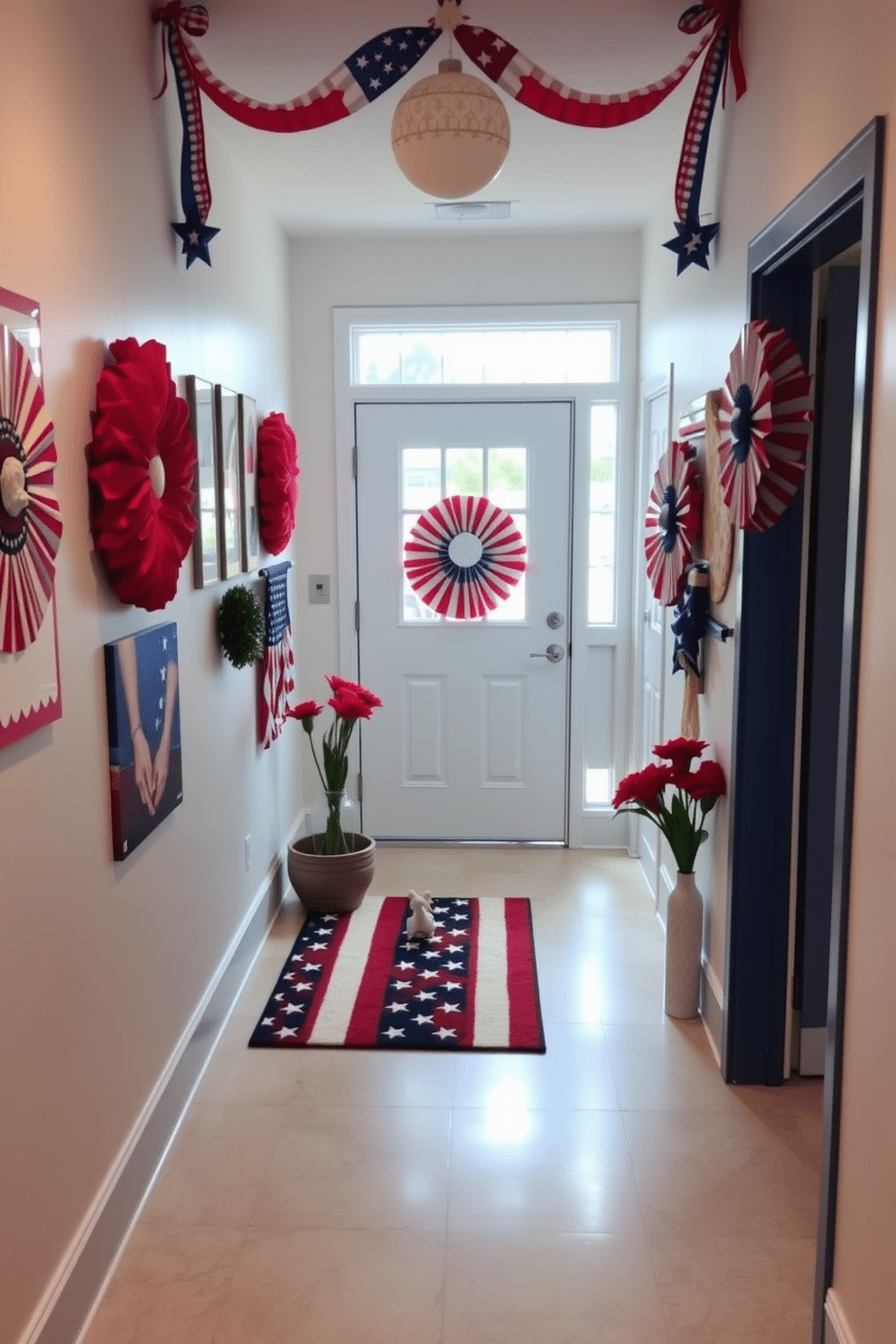 A vibrant hallway featuring a stars and stripes themed doormat welcomes guests with a festive touch. The walls are adorned with red white and blue decorations celebrating Independence Day, creating a cheerful and patriotic atmosphere.