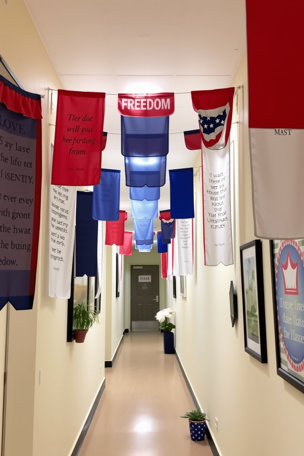 A vibrant hallway adorned with hanging banners featuring inspiring quotes about freedom. The banners are made of lightweight fabric in red white and blue hues creating a festive atmosphere for Independence Day. The walls are painted in a soft cream color to highlight the colorful banners. Decorative elements such as small potted plants and patriotic-themed artwork are placed along the hallway to enhance the celebratory feel.