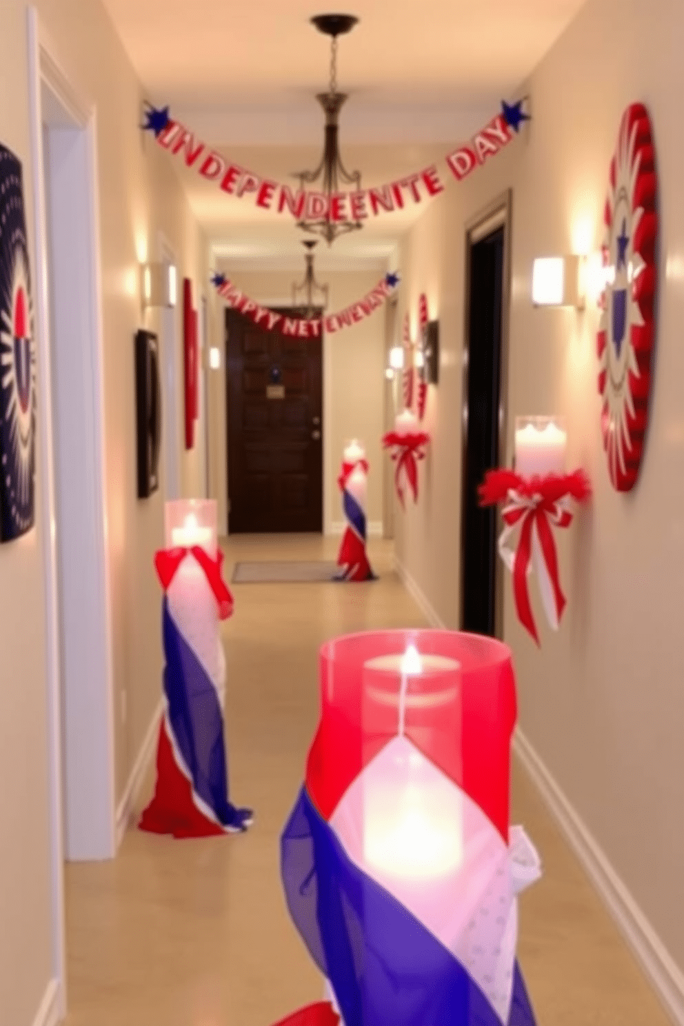 A festive hallway adorned for Independence Day features candle holders wrapped in red, white, and blue fabric. The warm glow of the candles creates a welcoming atmosphere, complemented by patriotic decorations along the walls.