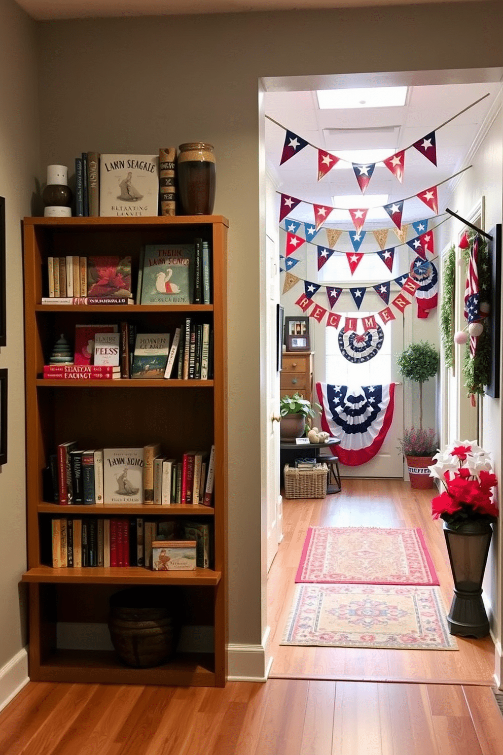 A cozy reading nook featuring seasonal themed books artfully displayed on wooden shelves. The shelves are filled with books in various colors and sizes, complemented by small decorative items that reflect the spirit of each season. A festive hallway adorned with Independence Day decorations, showcasing red, white, and blue accents. Banners, stars, and stripes create a patriotic atmosphere, while a welcoming rug adds warmth to the space.