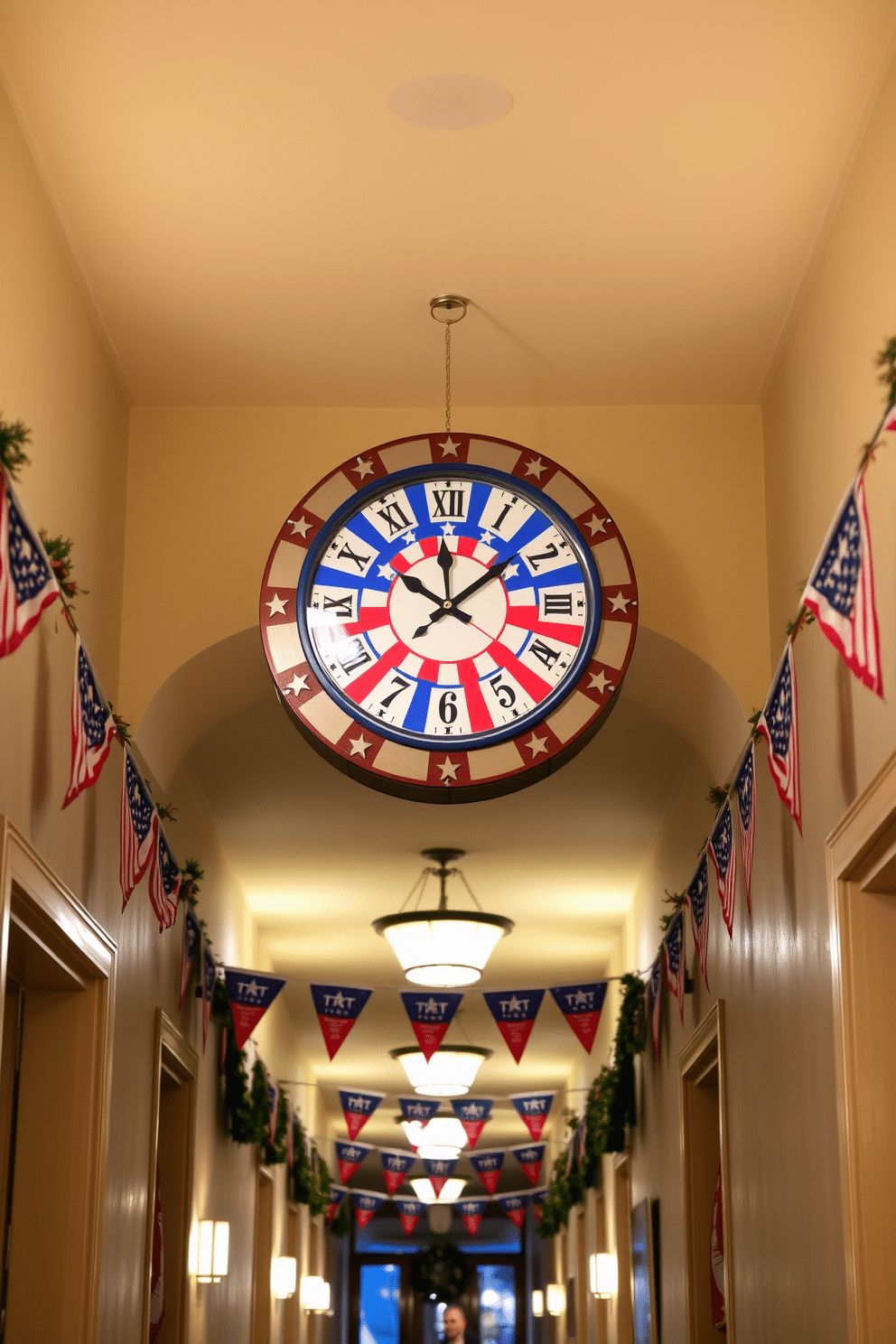 A patriotic themed wall clock hangs prominently in the hallway, featuring a bold design with red, white, and blue elements. The clock is surrounded by decorative stars and stripes, embodying the spirit of Independence Day. The hallway is adorned with festive decorations, including garlands of flags and banners that celebrate the holiday. Soft lighting enhances the charm, creating a warm and inviting atmosphere for guests.