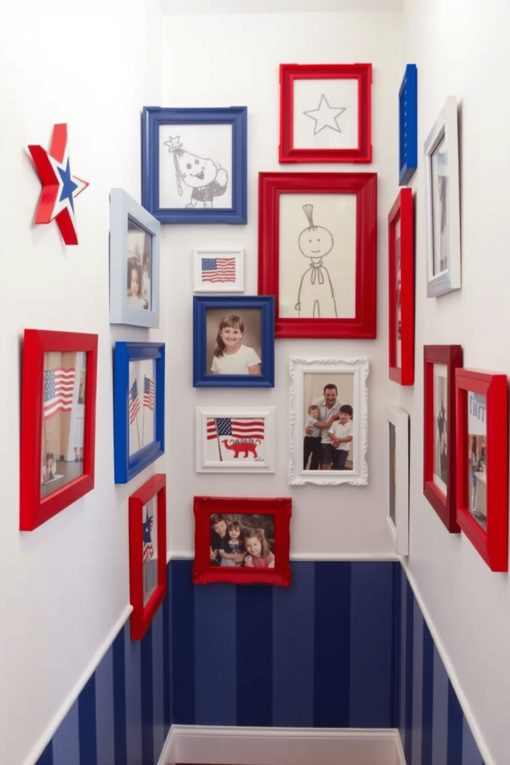 A vibrant hallway adorned with red white and blue painted picture frames showcasing patriotic artwork and family memories. The frames are arranged in a playful collage on a crisp white wall, creating a festive atmosphere for Independence Day celebrations.