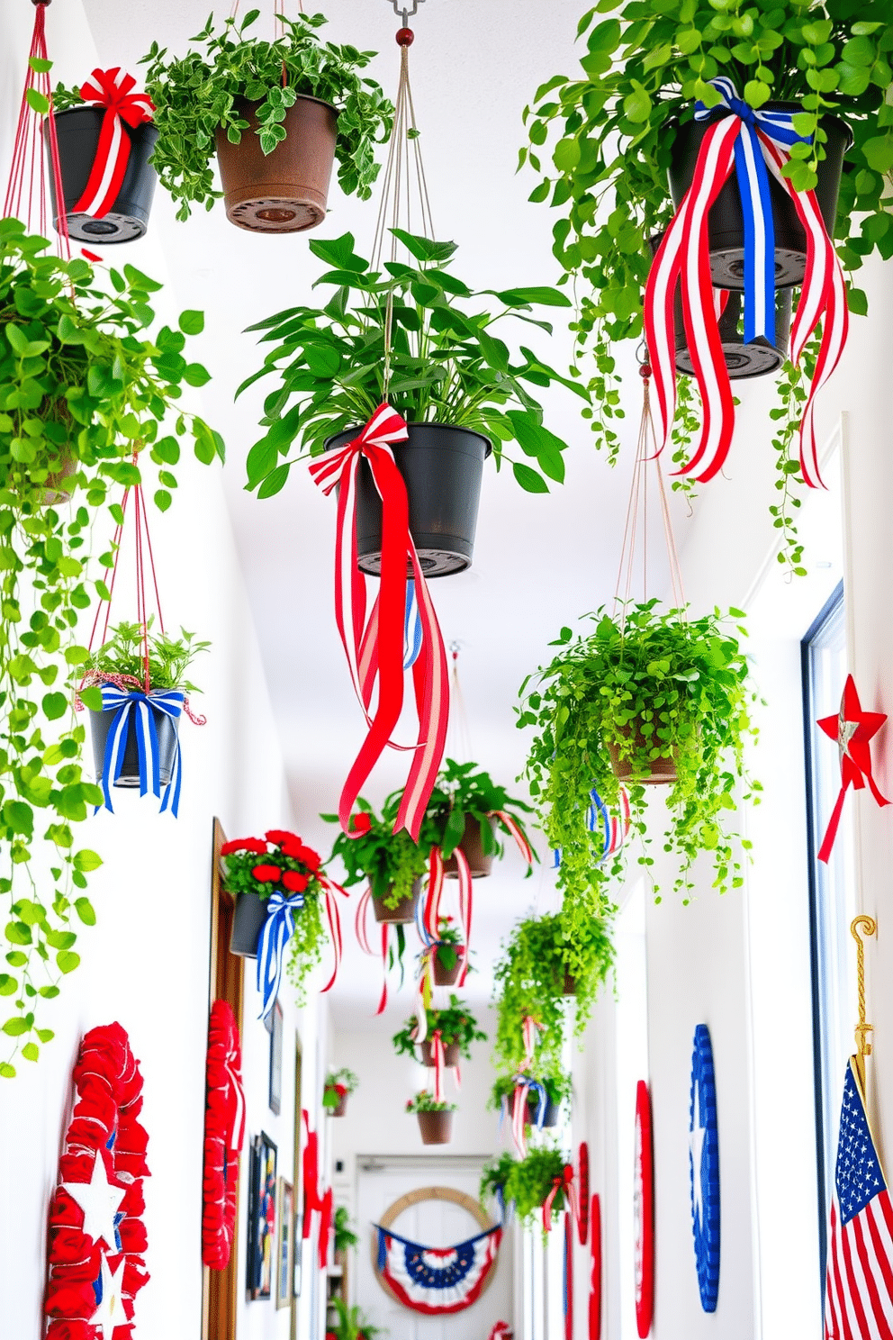 A vibrant hallway adorned with hanging potted plants tied with festive ribbons. The plants vary in size and type, creating a lush and lively atmosphere that celebrates Independence Day. The walls are painted in a crisp white, allowing the greenery and colorful ribbons to stand out. Red, white, and blue decorations complement the plants, enhancing the festive spirit of the space.