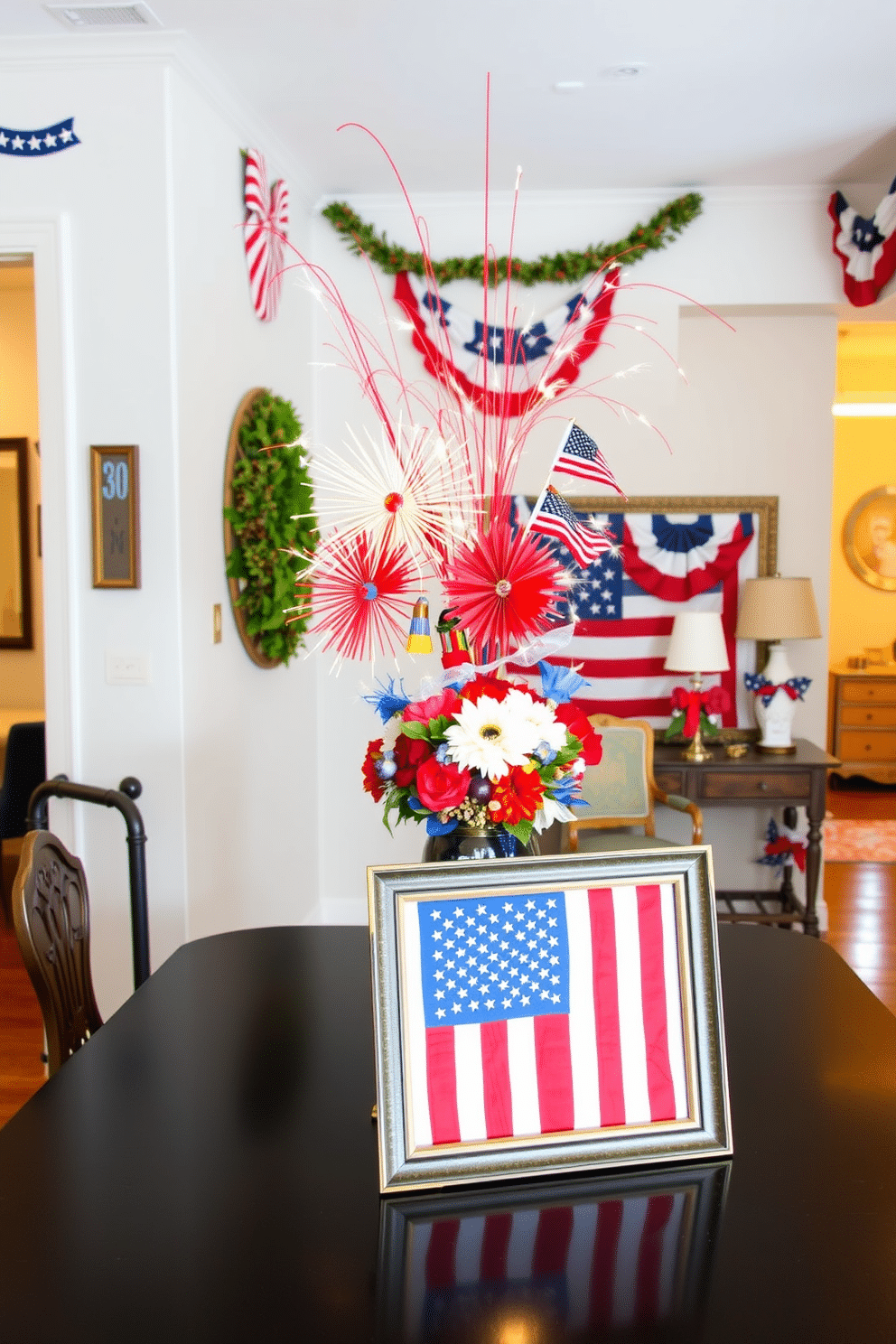 A vibrant table centerpiece inspired by fireworks design. The arrangement includes colorful fireworks-shaped decorations, sparklers, and seasonal flowers in red, white, and blue hues. An inviting hallway decorated for Independence Day. The walls are adorned with patriotic banners and garlands, while a vintage console table displays themed decor and a large framed flag.