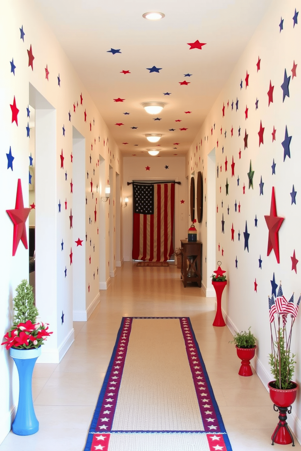 A hallway adorned with stars and stripes wall decals creates a festive atmosphere for Independence Day. The walls are painted in a soft white, allowing the vibrant colors of the decals to stand out beautifully. Complementing the decals, a series of red, white, and blue decorative accents line the hallway, including a patriotic runner rug and small potted plants. Subtle lighting fixtures cast a warm glow, enhancing the celebratory feel of the space.